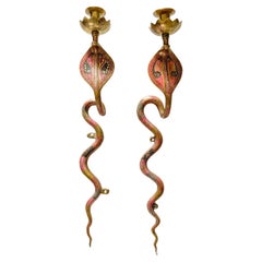 Large Brass Cobra Snake Wall Sconces Pair