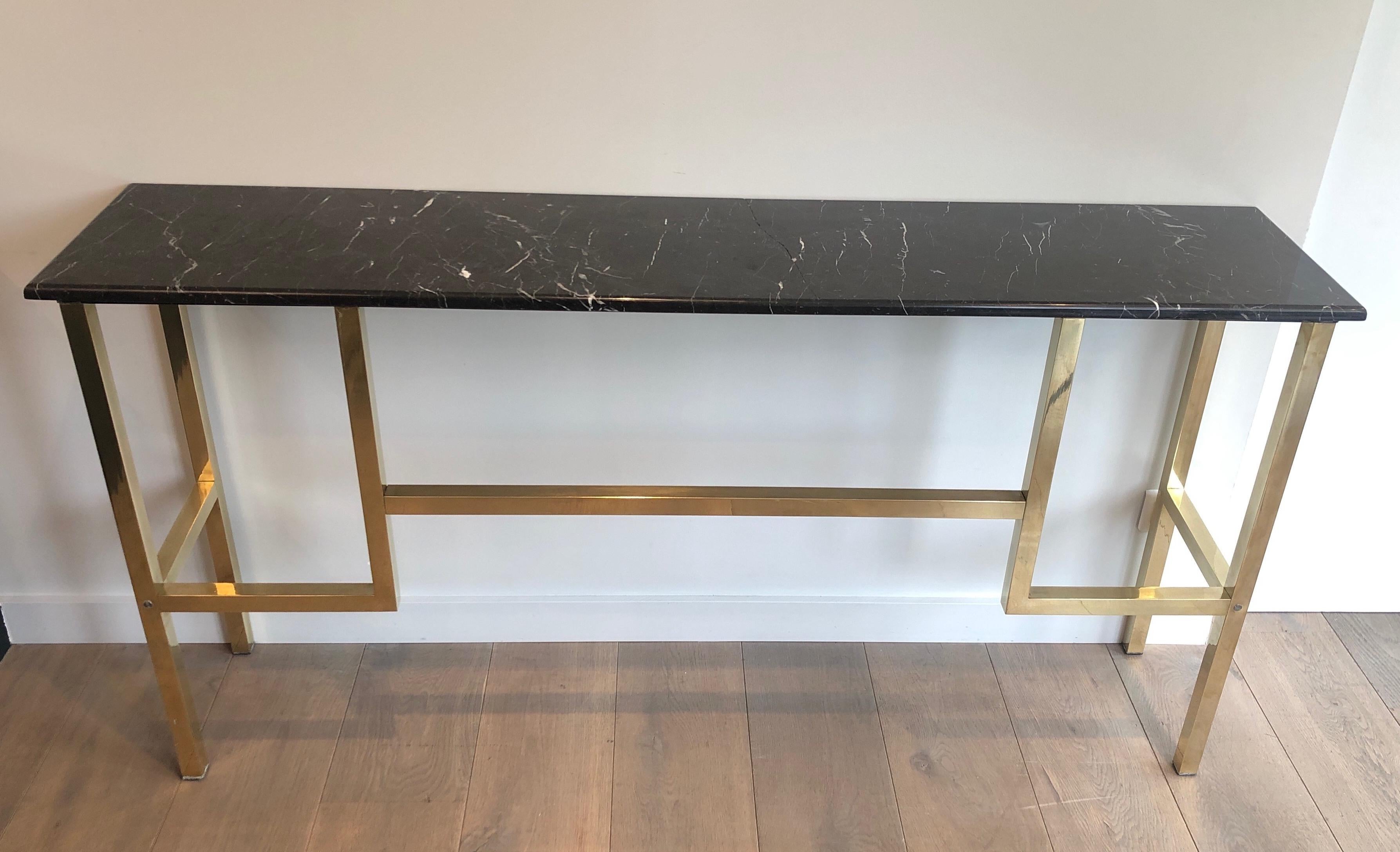 Mid-Century Modern Large Brass Console with Black Marble Top, French, circa 1970