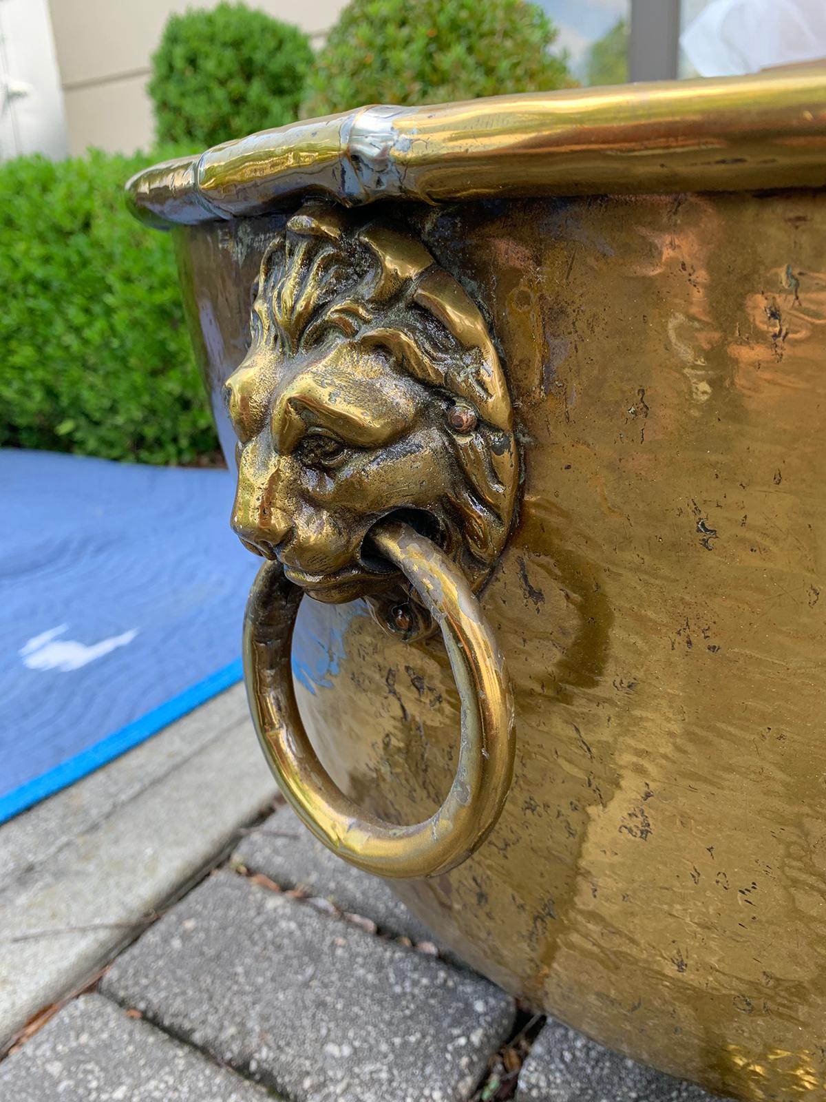 Early 20th Century Large Brass Container with Lion Head Pulls, circa 1920s