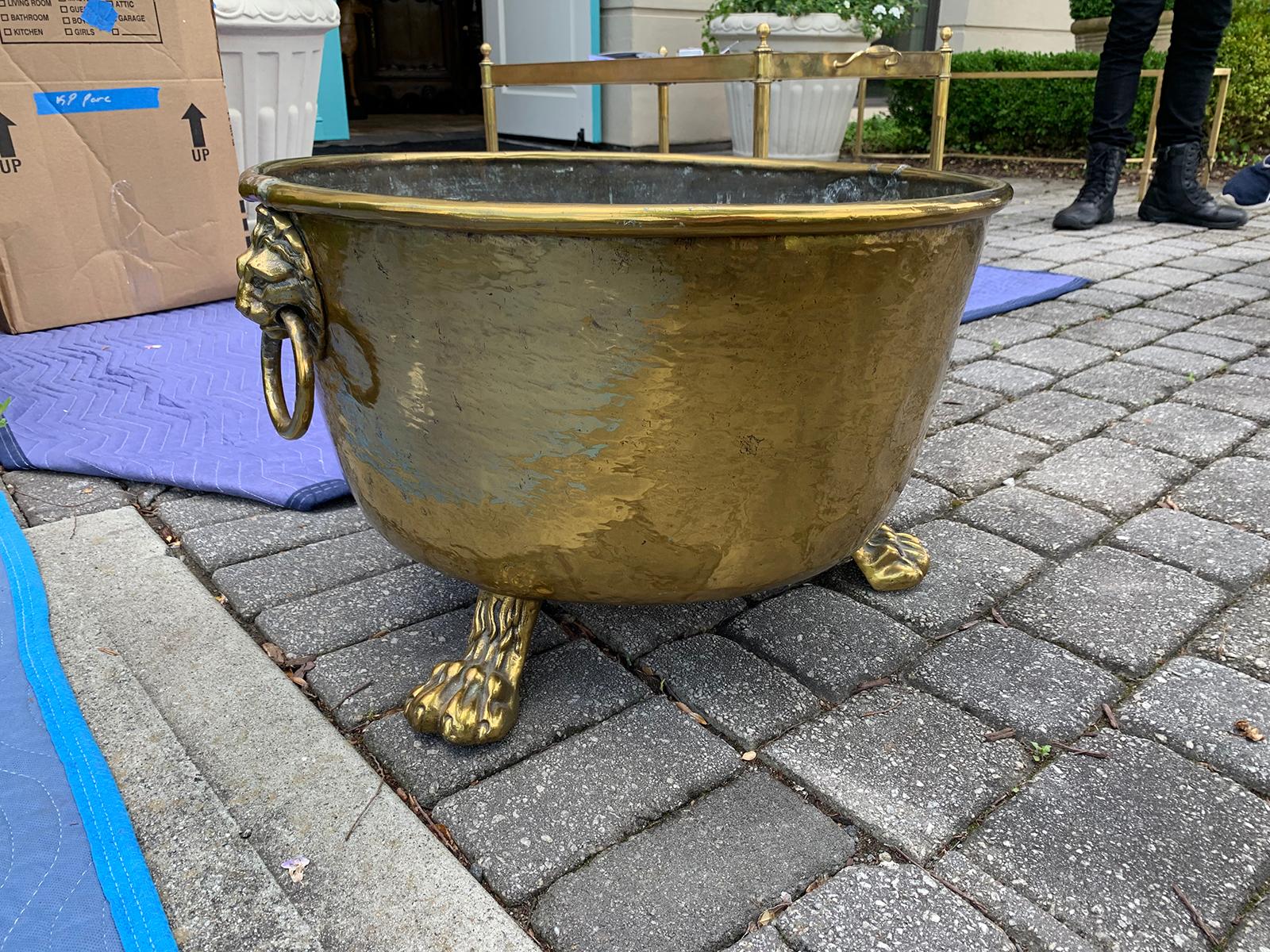 Large Brass Container with Lion Head Pulls, circa 1920s 4