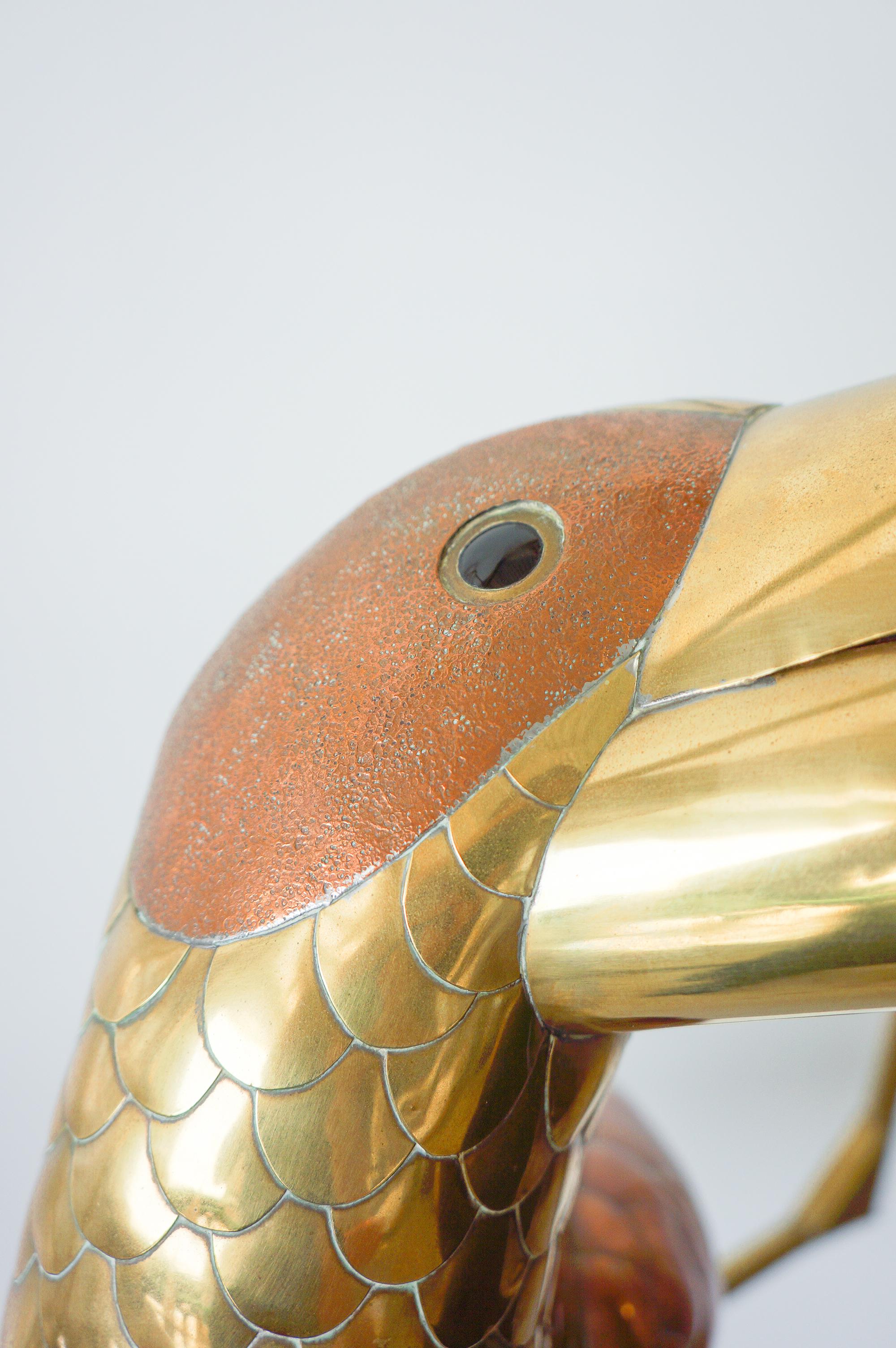 Late 20th Century Large Brass  & Cooper Toucan Sculpture by Sergio Bustamante  For Sale