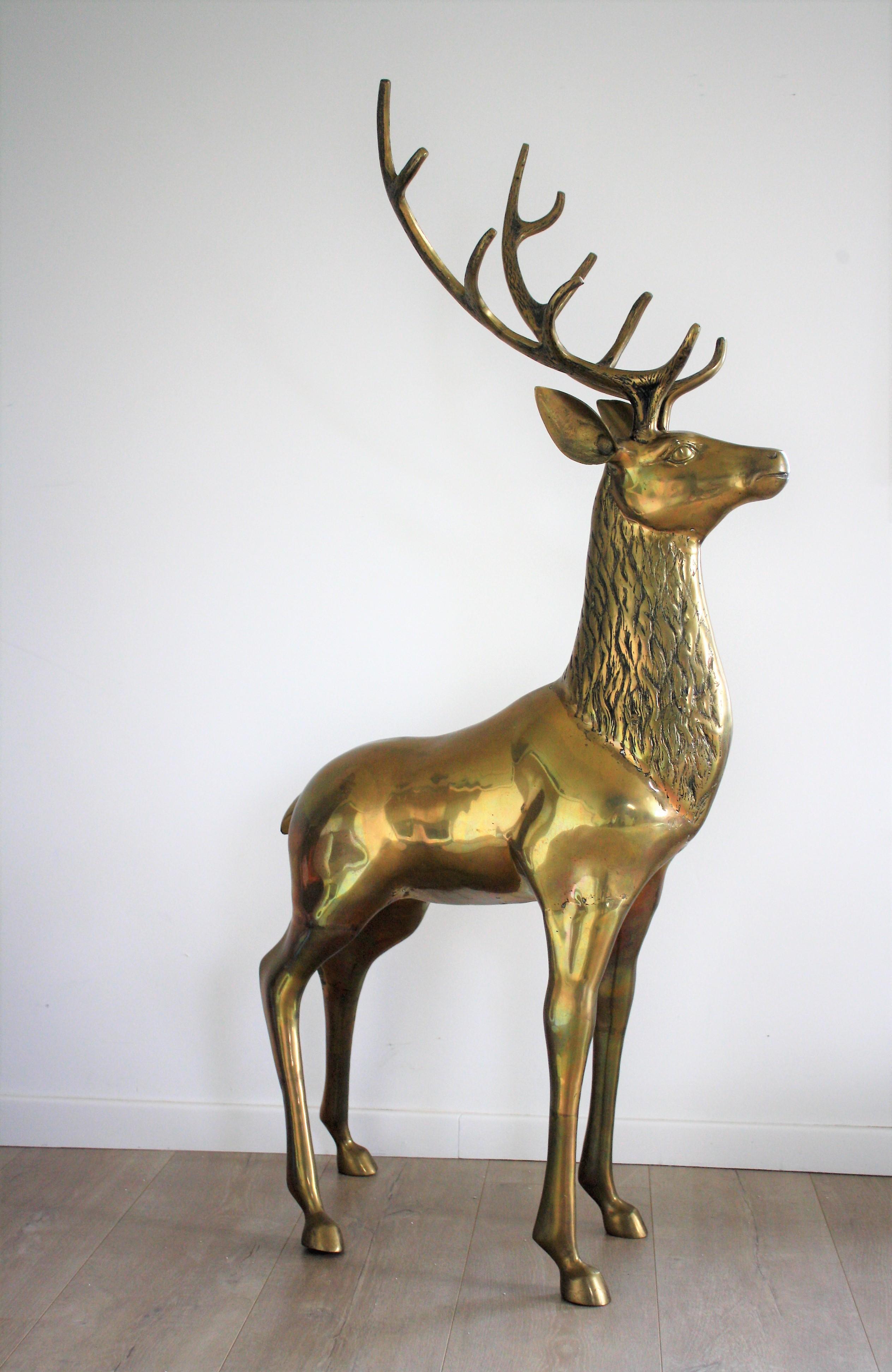 Hollywood Regency Large Brass Deer Sculpture, 1970s