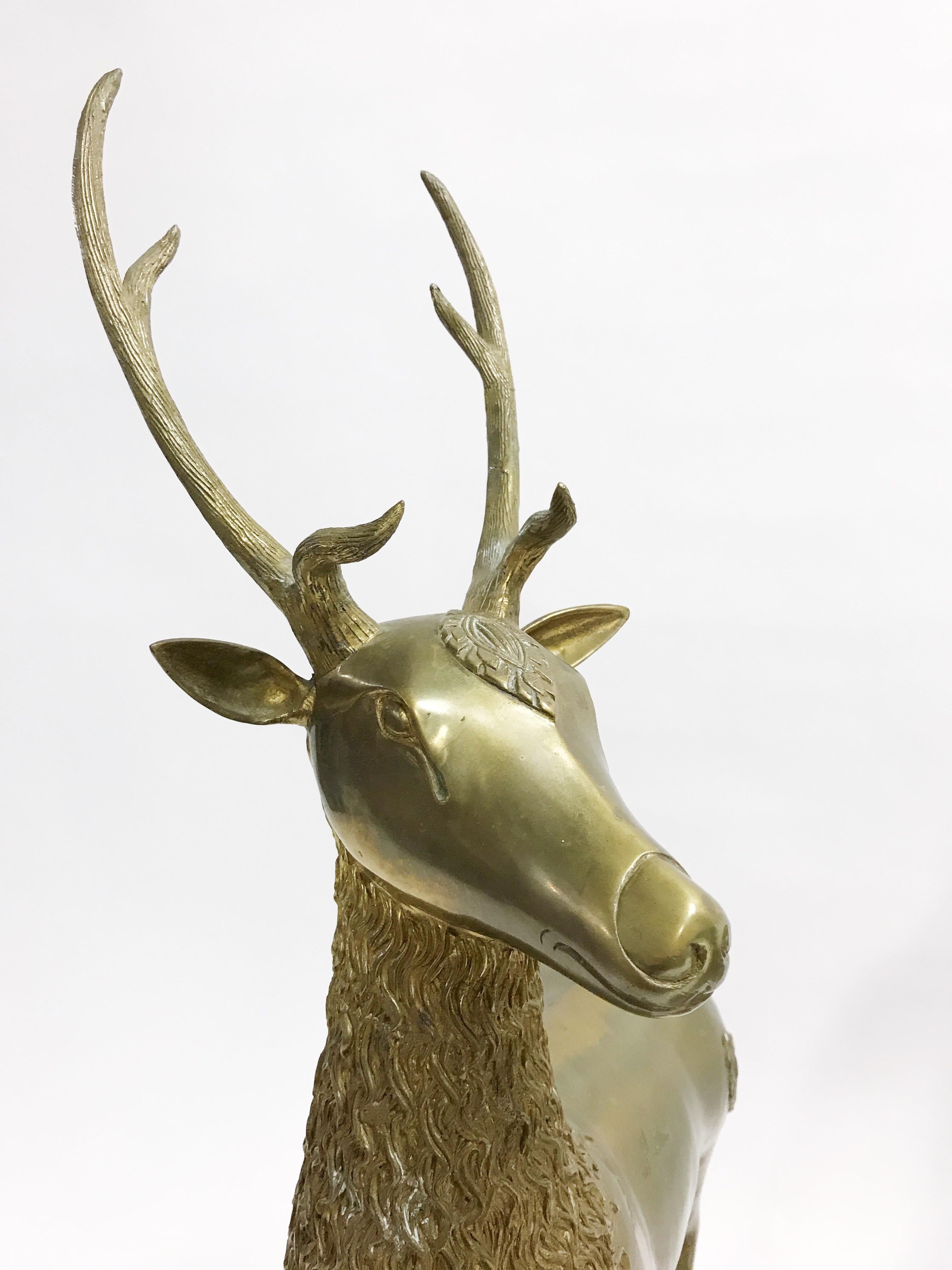 French Large Brass Deer Sculptures, 1970s