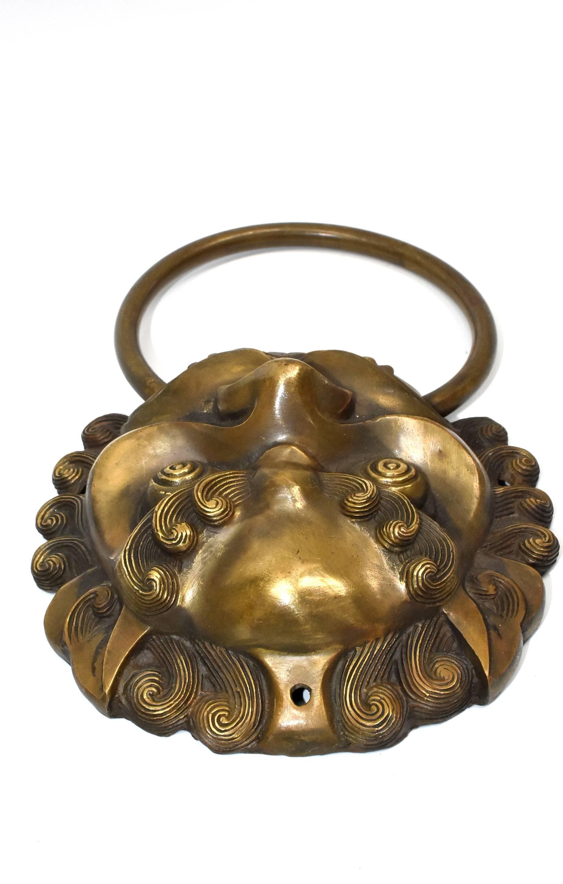 Large Brass Door Knockers, Asian Lion Motif 4
