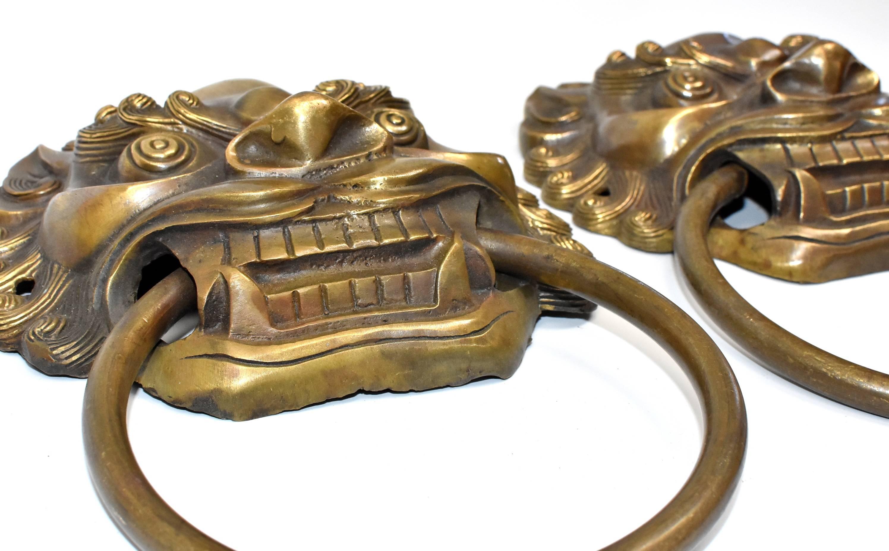 Large Brass Door Knockers, Asian Lion Motif 6