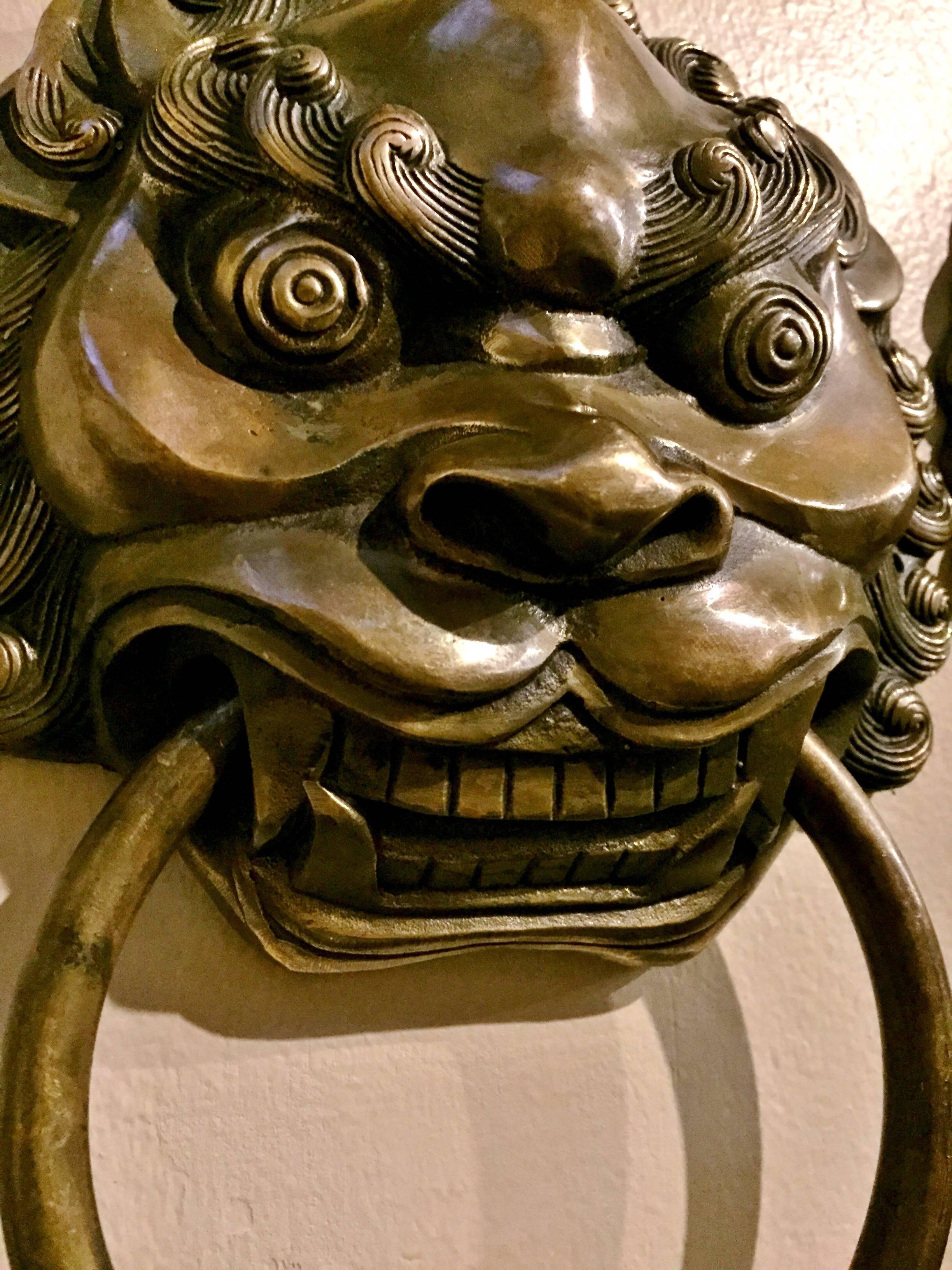 Large Brass Door Knockers, Asian Lion Motif 10