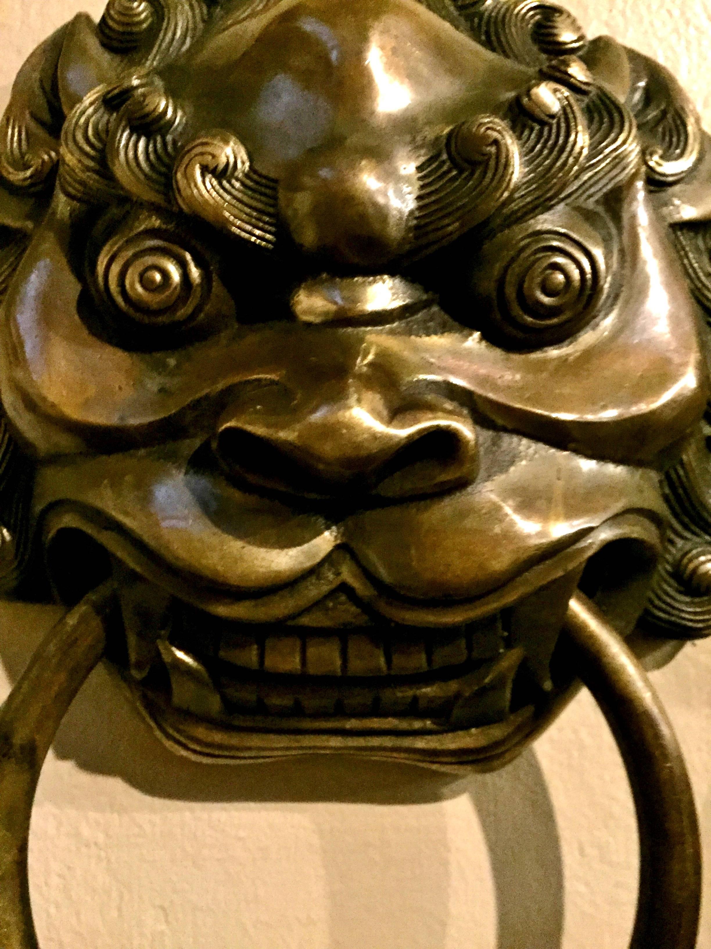 Large Brass Door Knockers, Asian Lion Motif 12