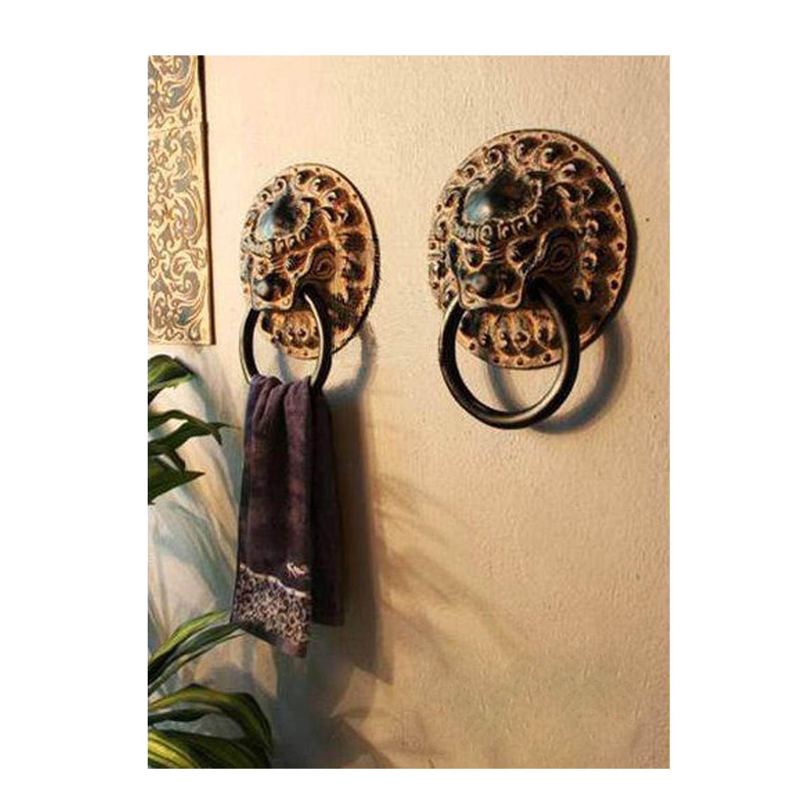 Large Brass Door Knockers, Asian Lion Motif 14
