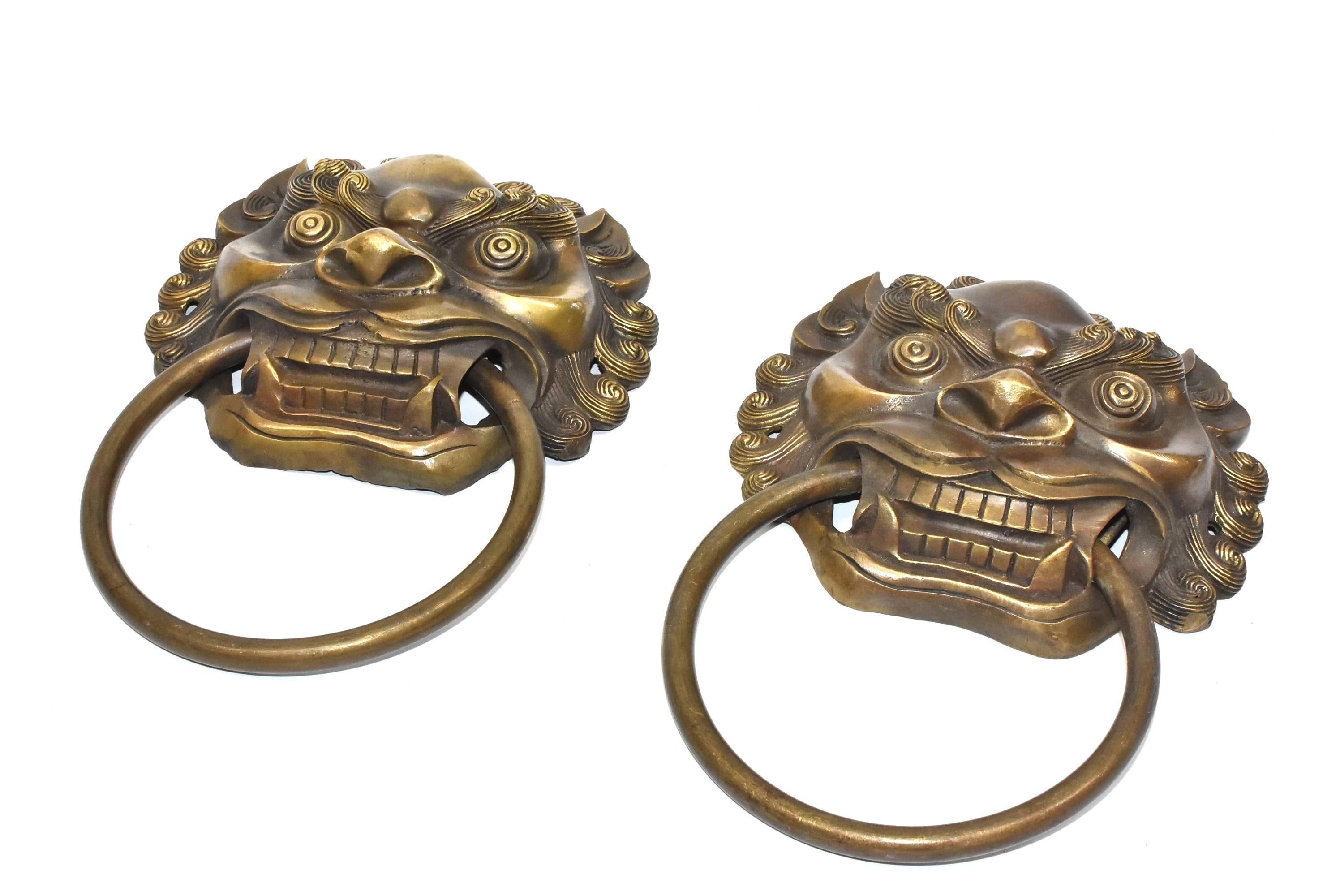 Chinese Large Brass Door Knockers, Asian Lion Motif