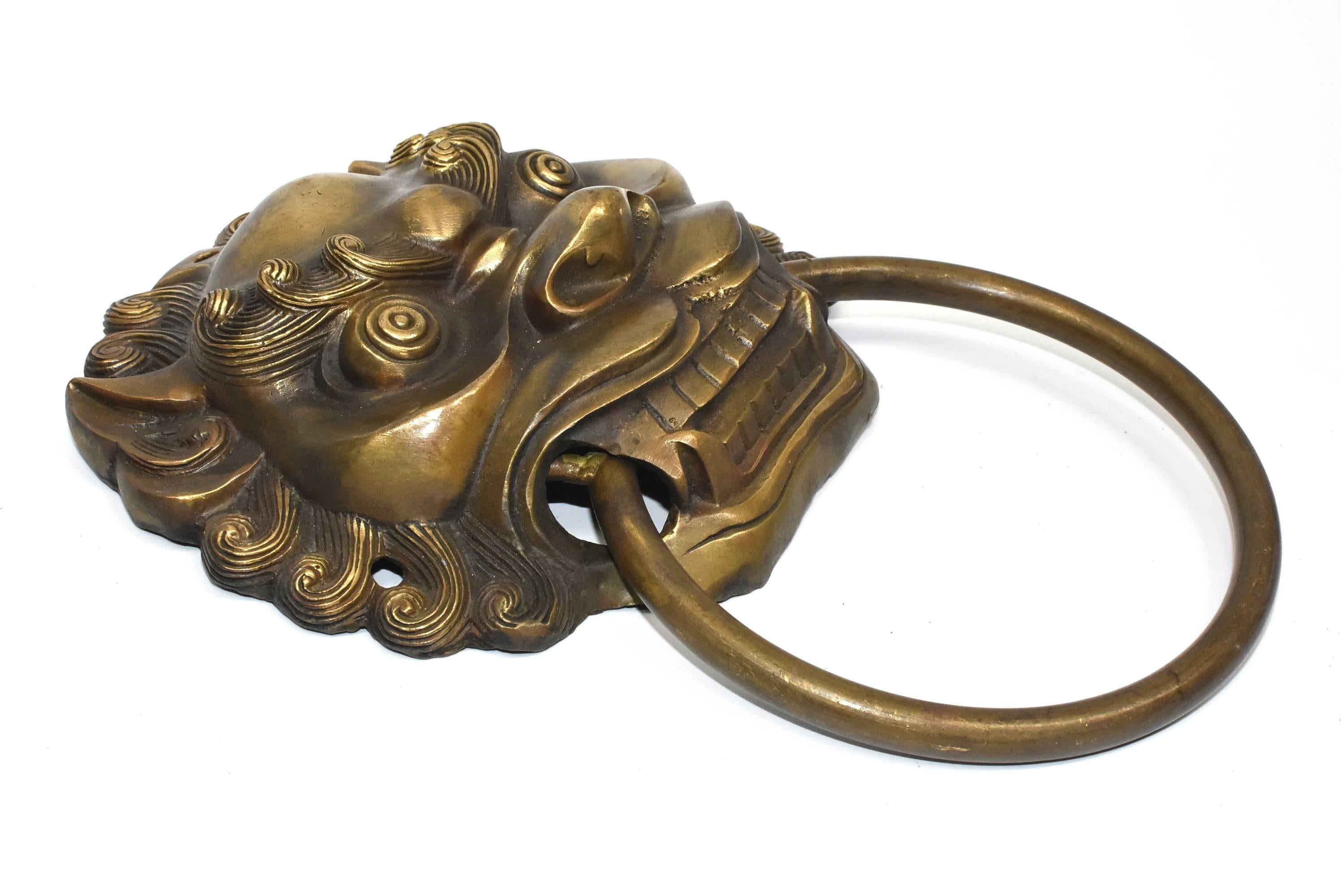 Large Brass Door Knockers, Asian Lion Motif 3