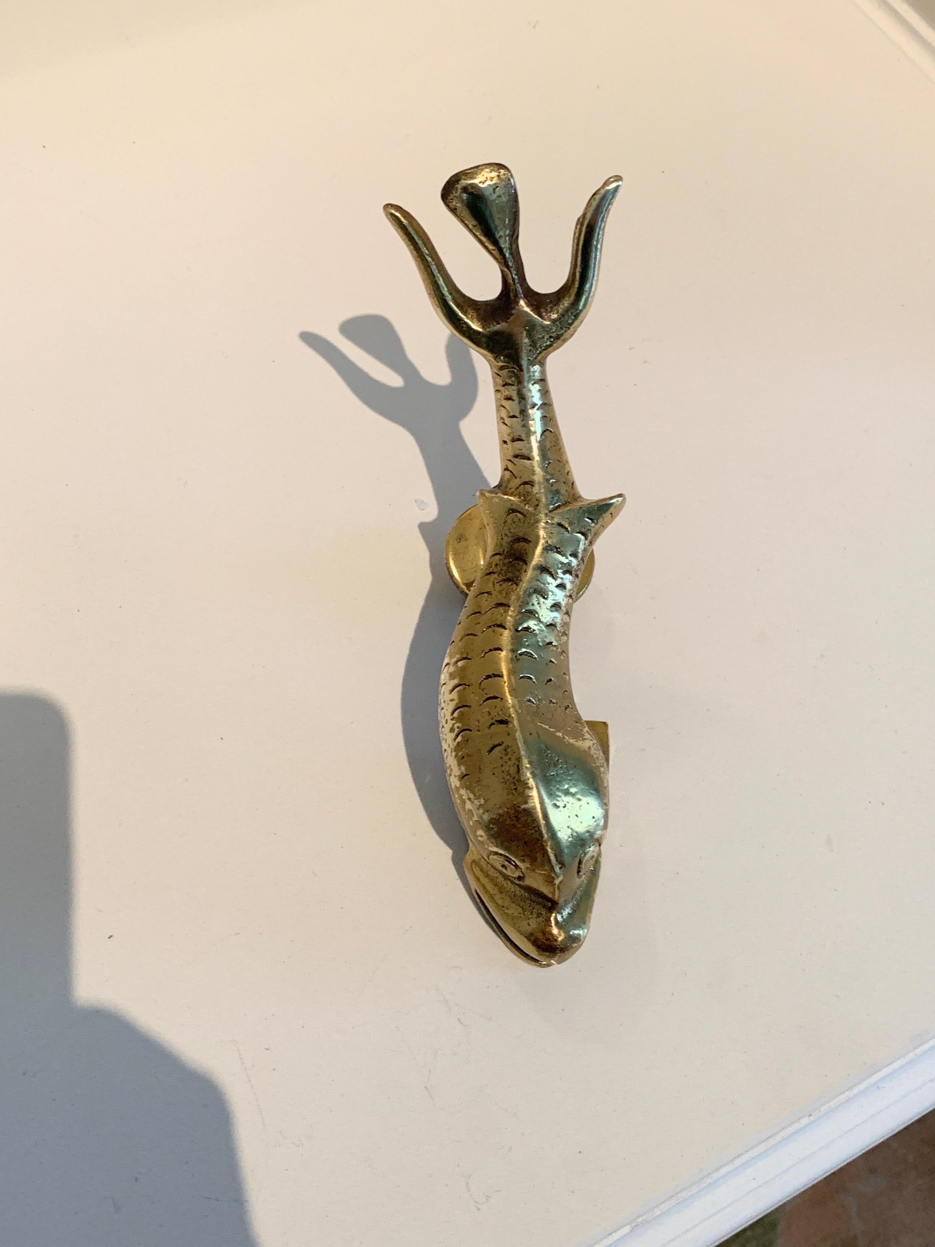 Large Brass Dolphin Fish Door Knocker In Good Condition In Los Angeles, CA