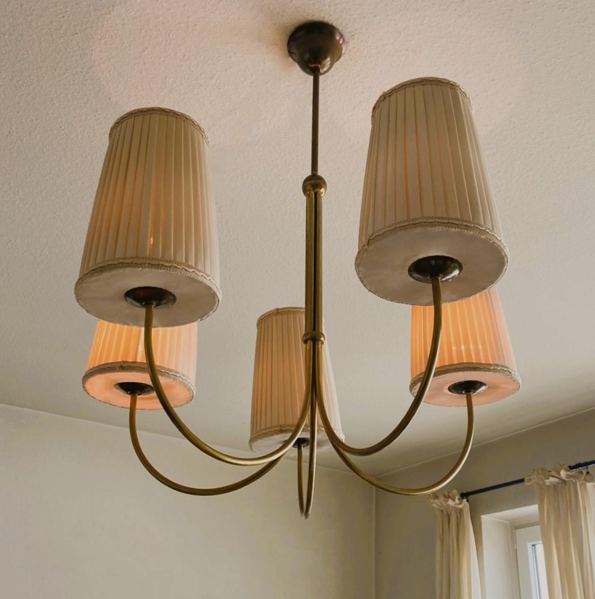 Austrian Brass Chandelier by Josef Frank for Kalmar with Pleated Shades, 1950s 7