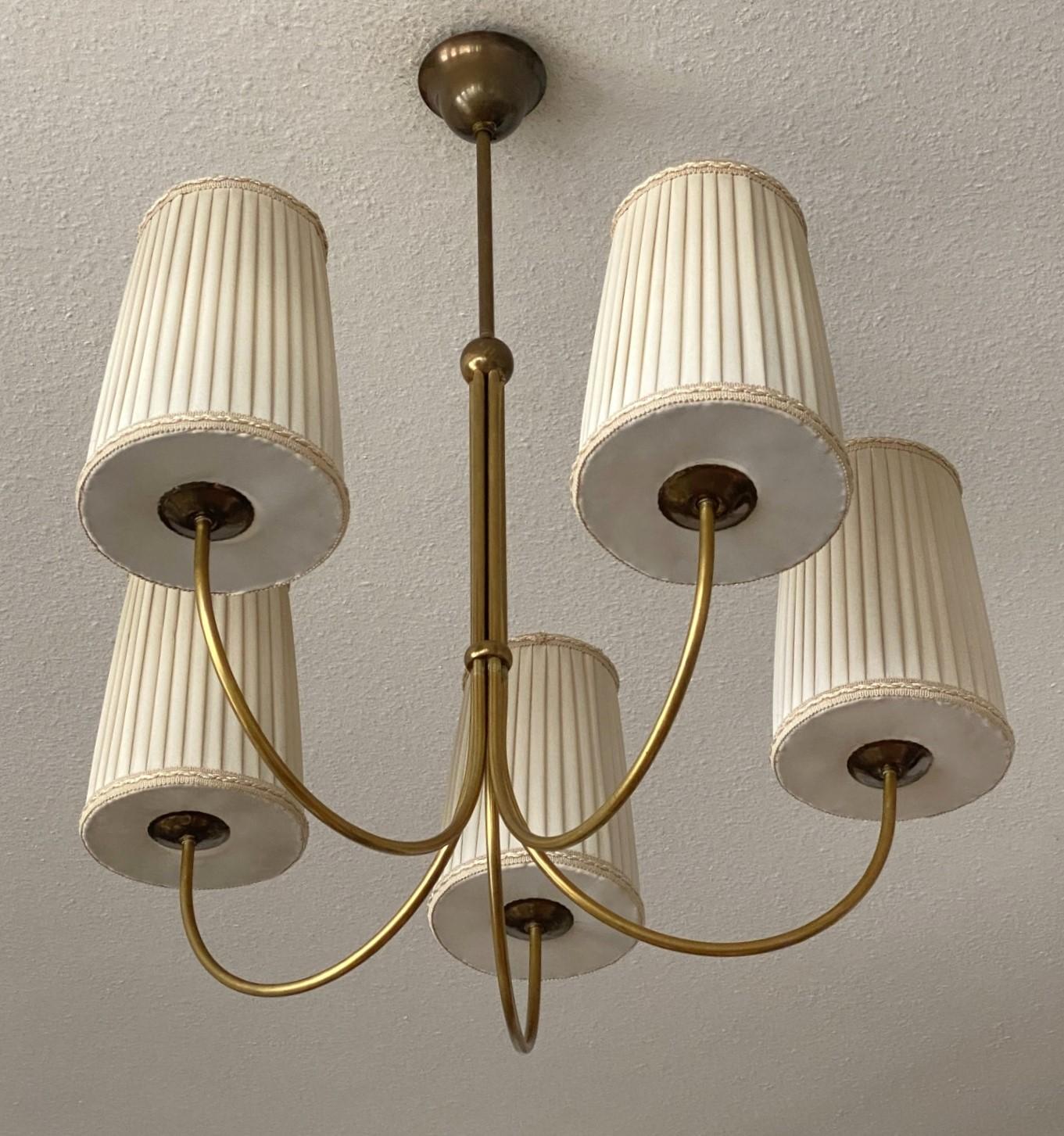 20th Century Austrian Brass Chandelier by Josef Frank for Kalmar with Pleated Shades, 1950s