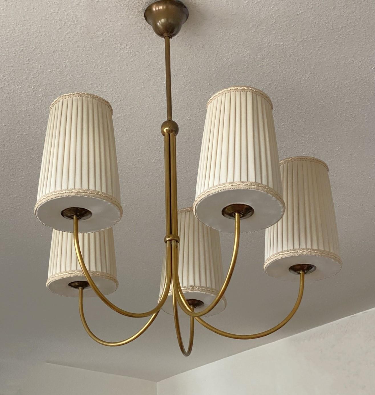 Austrian Brass Chandelier by Josef Frank for Kalmar with Pleated Shades, 1950s 1