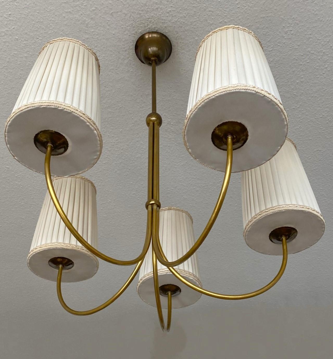 Austrian Brass Chandelier by Josef Frank for Kalmar with Pleated Shades, 1950s 2