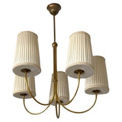 Large Brass Five-Arm Chandelier by J.T. Kalmar, Pleated Shades, Austria, 1950s