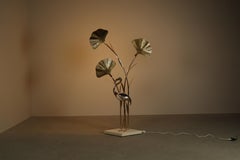 Large brass flamingo floor lamp with sculptural Ginkgo leaves, Italy, 1970s