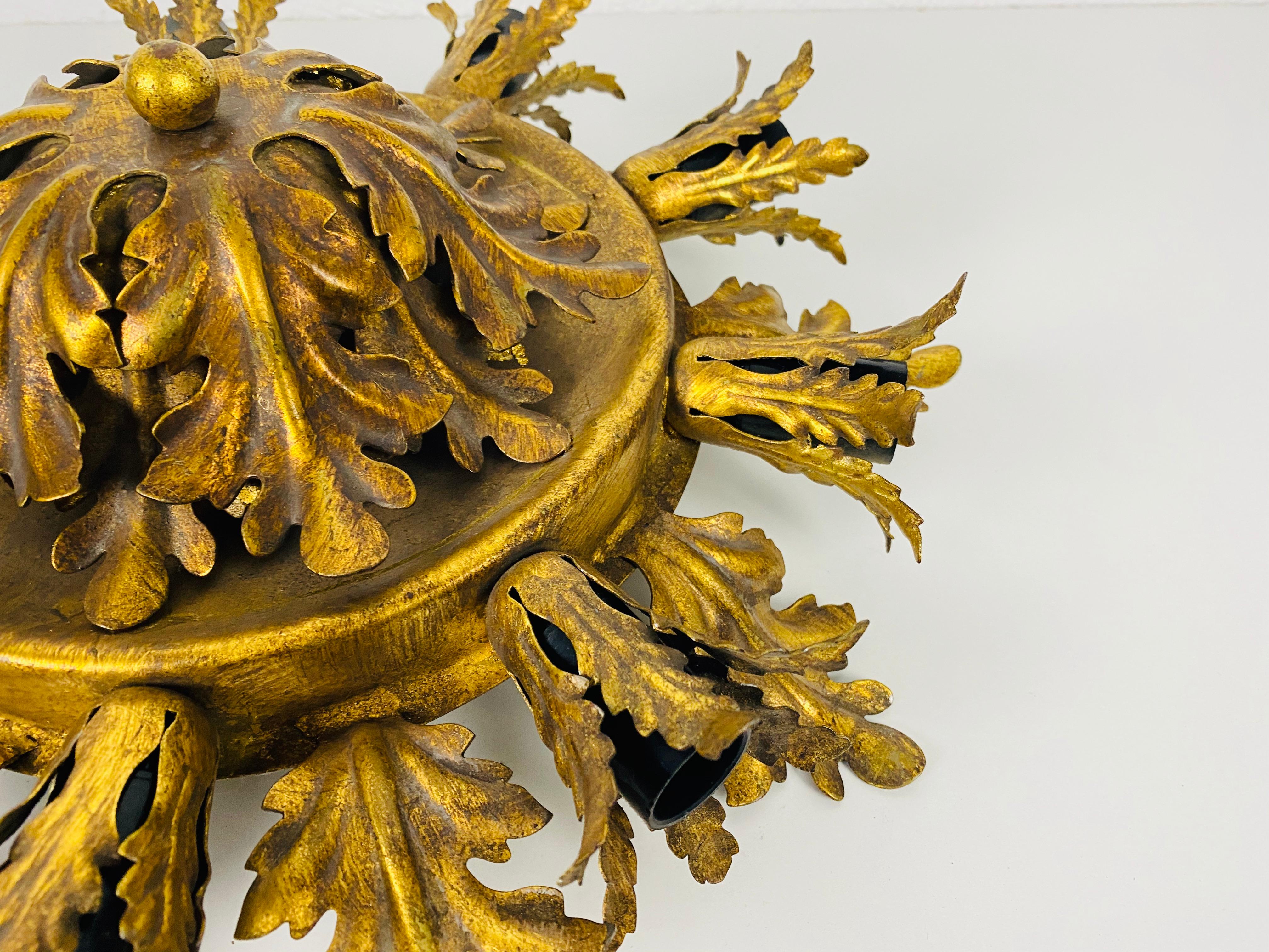 Italian Large Brass Florentine Flower Shape Flush Mount by Banci, Italy, 1950s For Sale