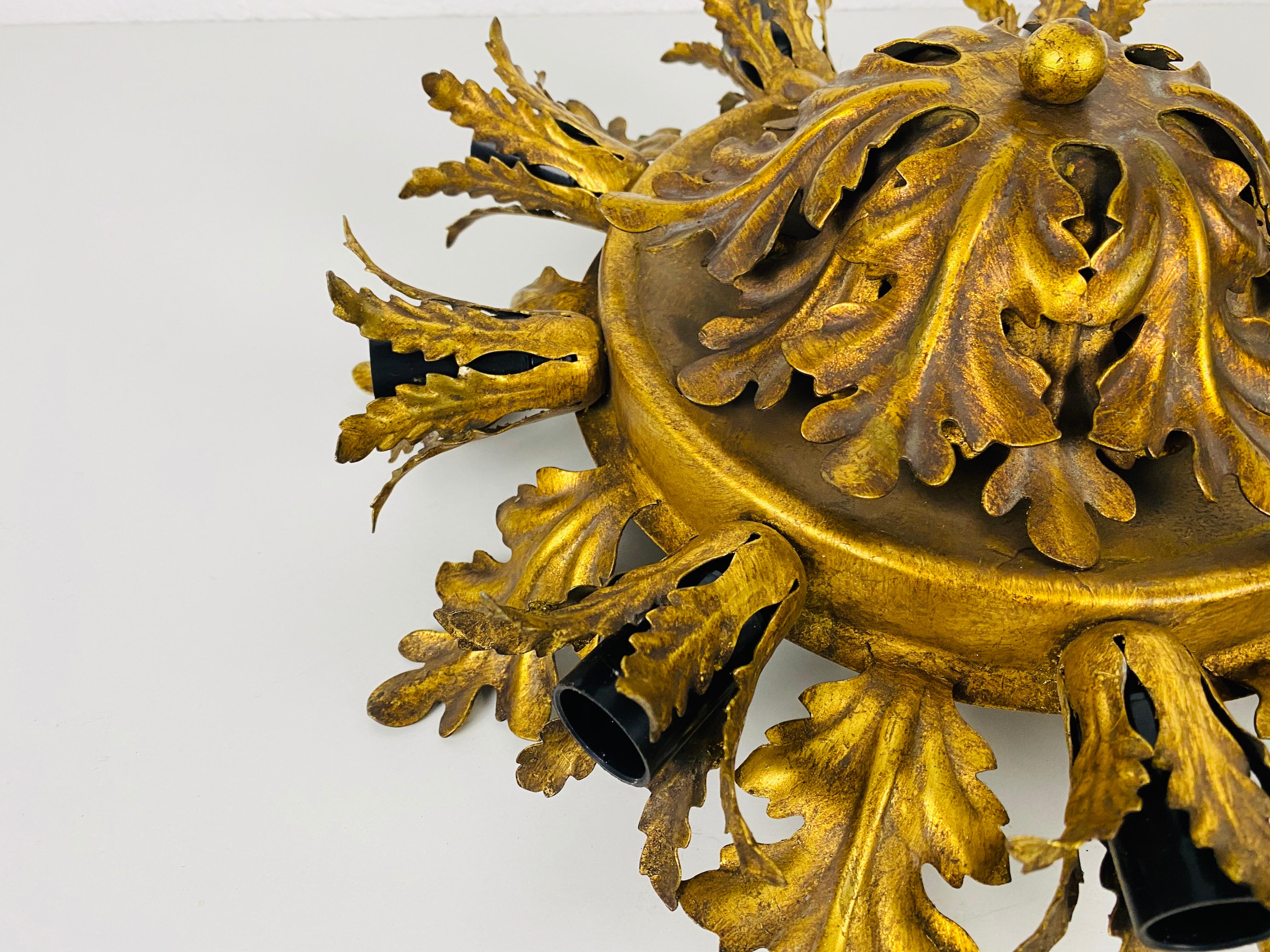 Hand-Crafted Large Brass Florentine Flower Shape Flush Mount by Banci, Italy, 1950s For Sale