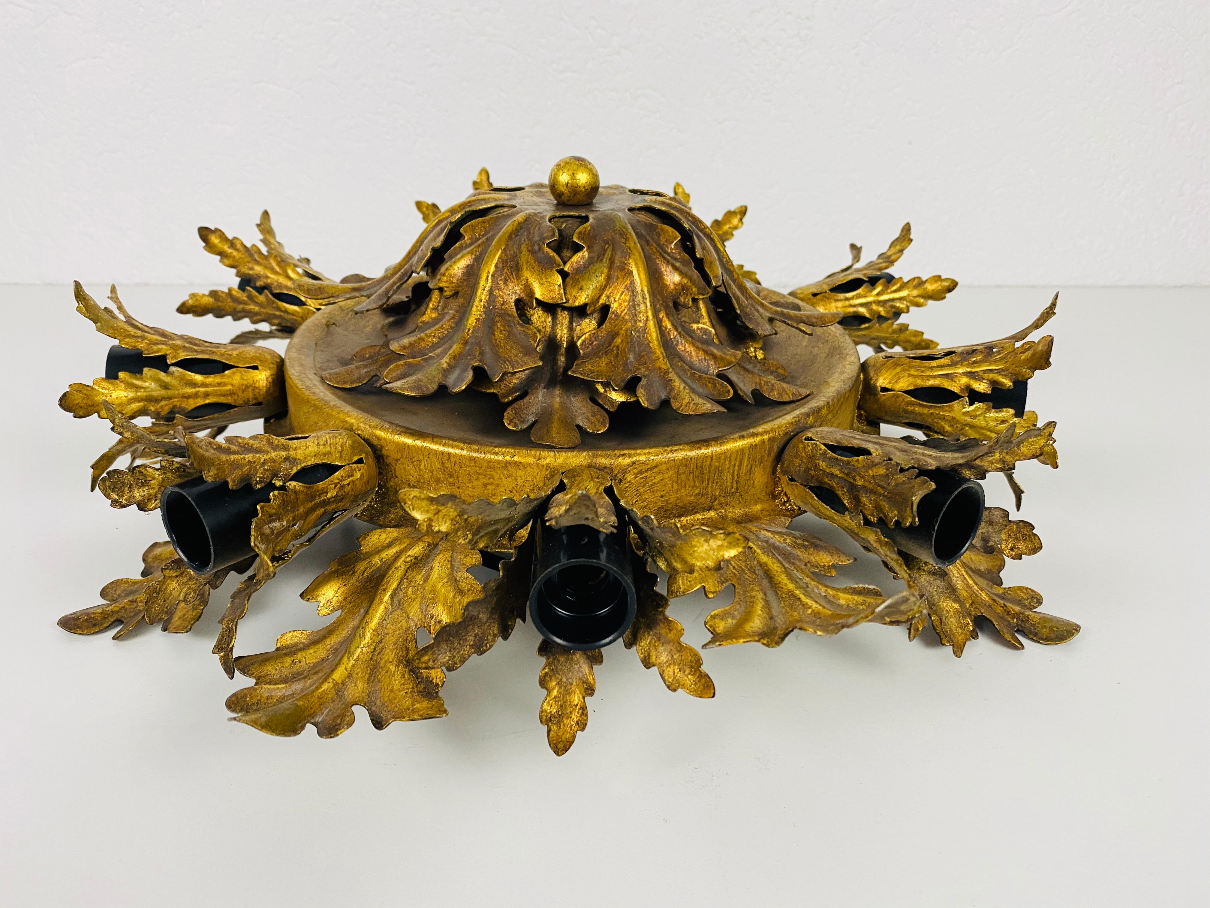 Metal Large Brass Florentine Flower Shape Flush Mount by Banci, Italy, 1950s For Sale