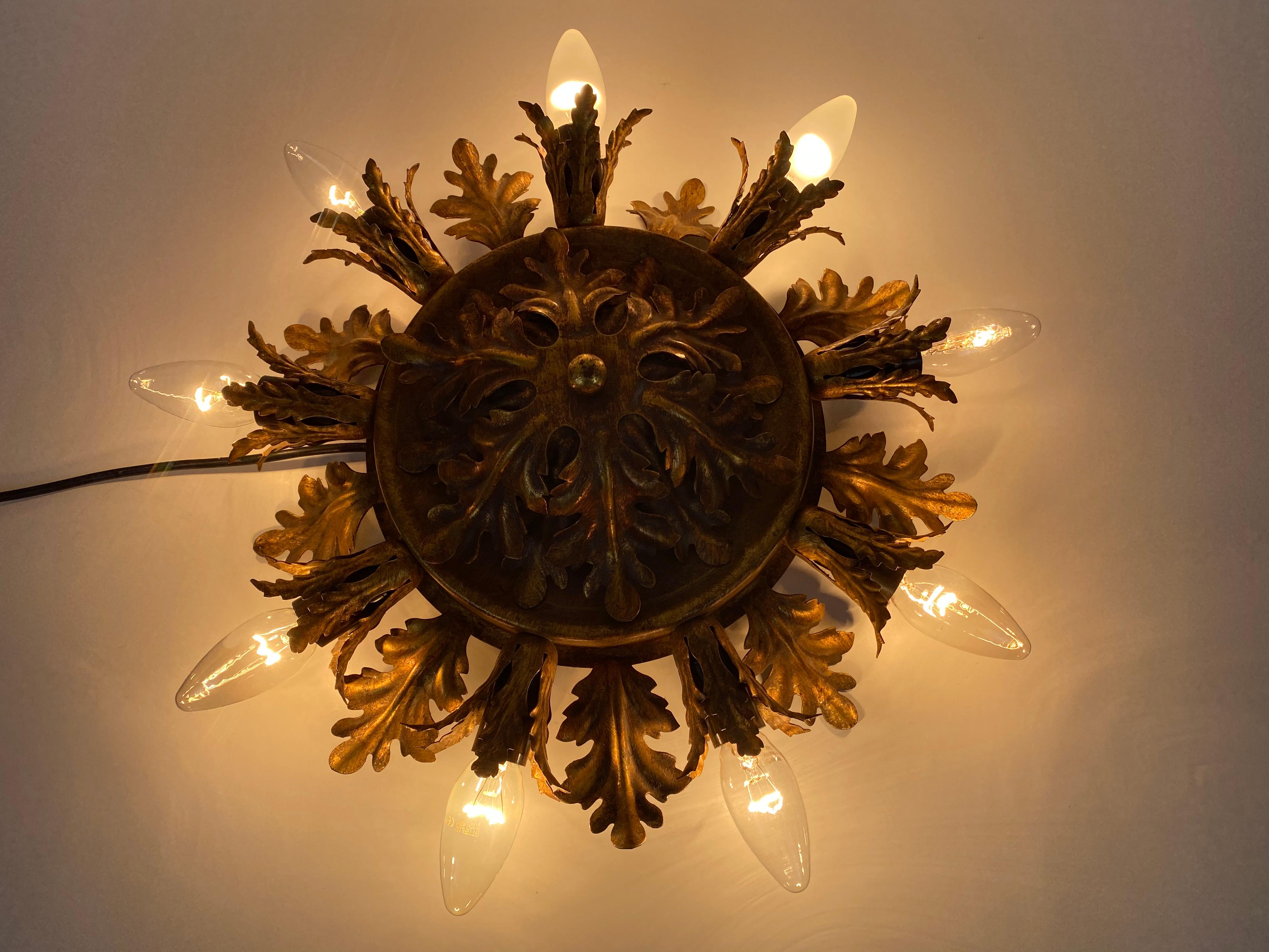 Large Brass Florentine Flower Shape Flush Mount by Banci, Italy, 1950s For Sale 1