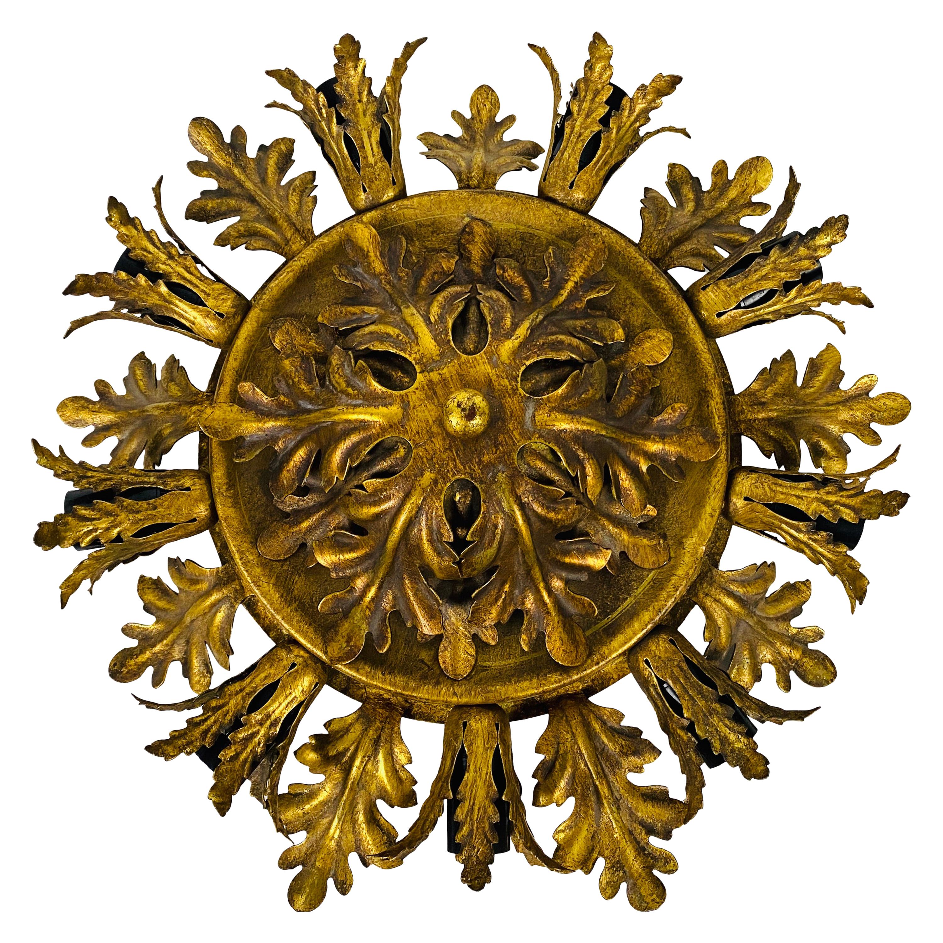 Large Brass Florentine Flower Shape Flush Mount by Banci, Italy, 1950s For Sale