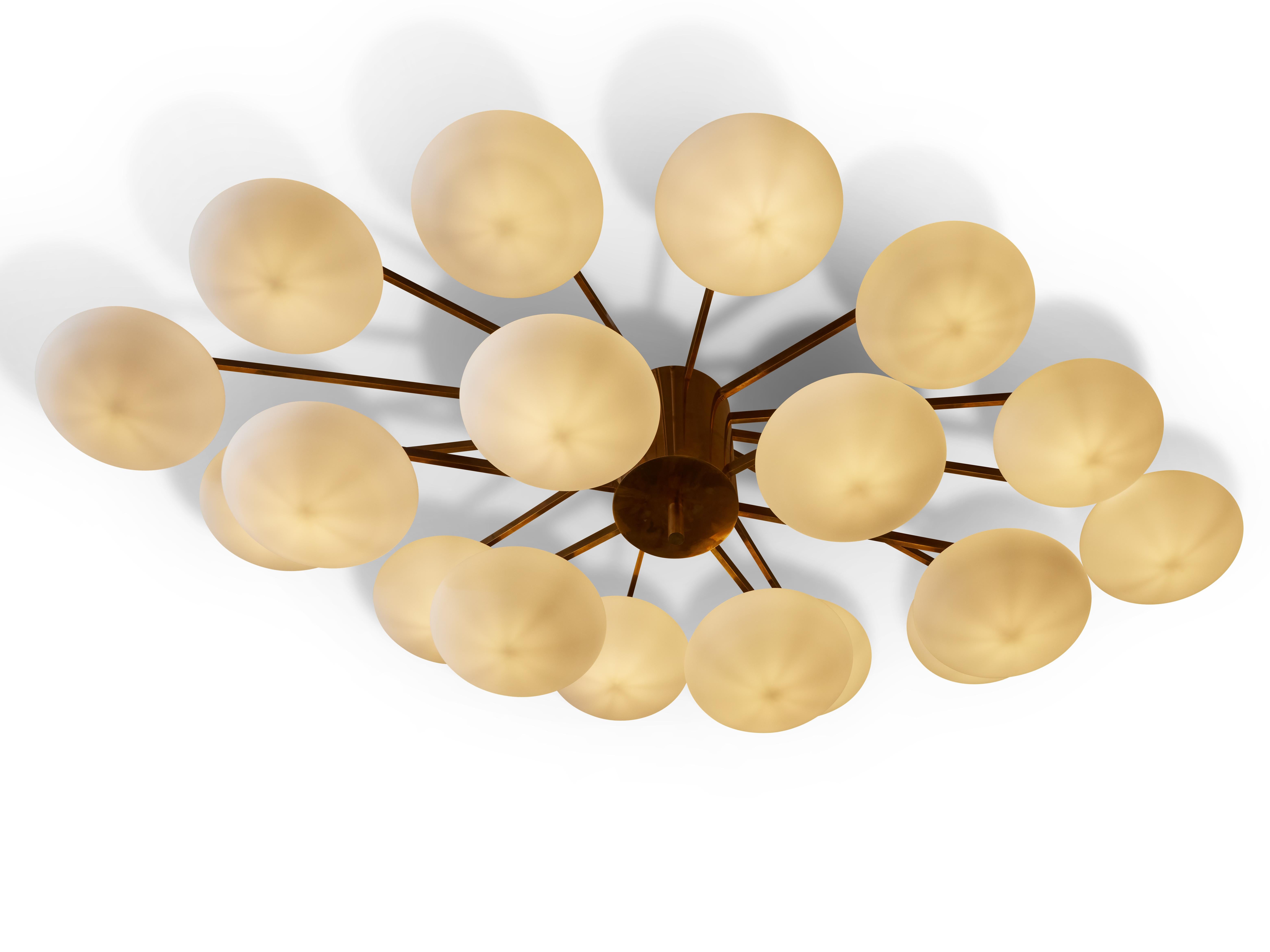 Mid-Century Modern Large Brass Flush Mount with Opaline Glass Globes For Sale
