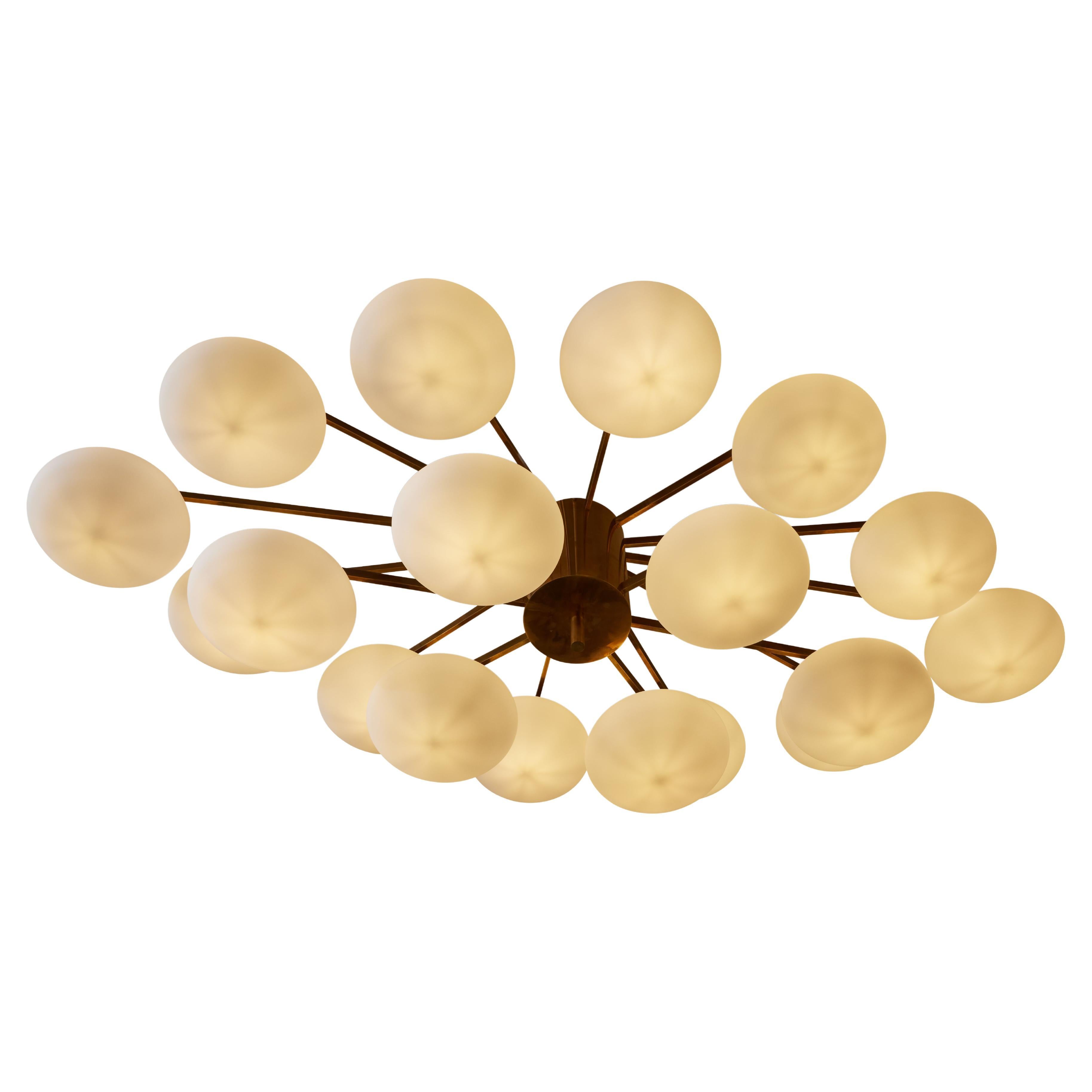 Large Brass Flush Mount with Opaline Glass Globes For Sale