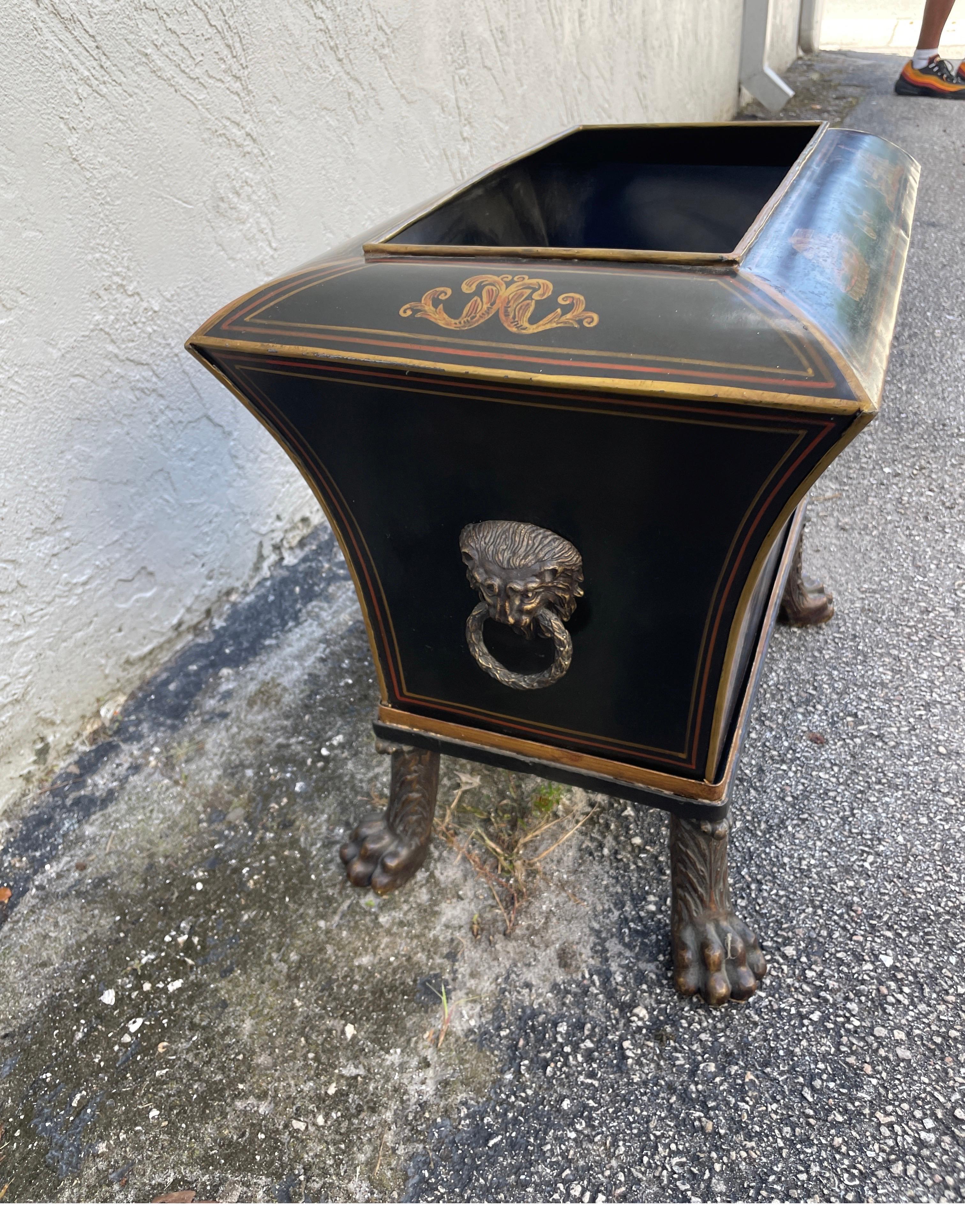 Large Brass Footed Tole Chinoiserie Rectangular Cache Pot In Good Condition For Sale In West Palm Beach, FL