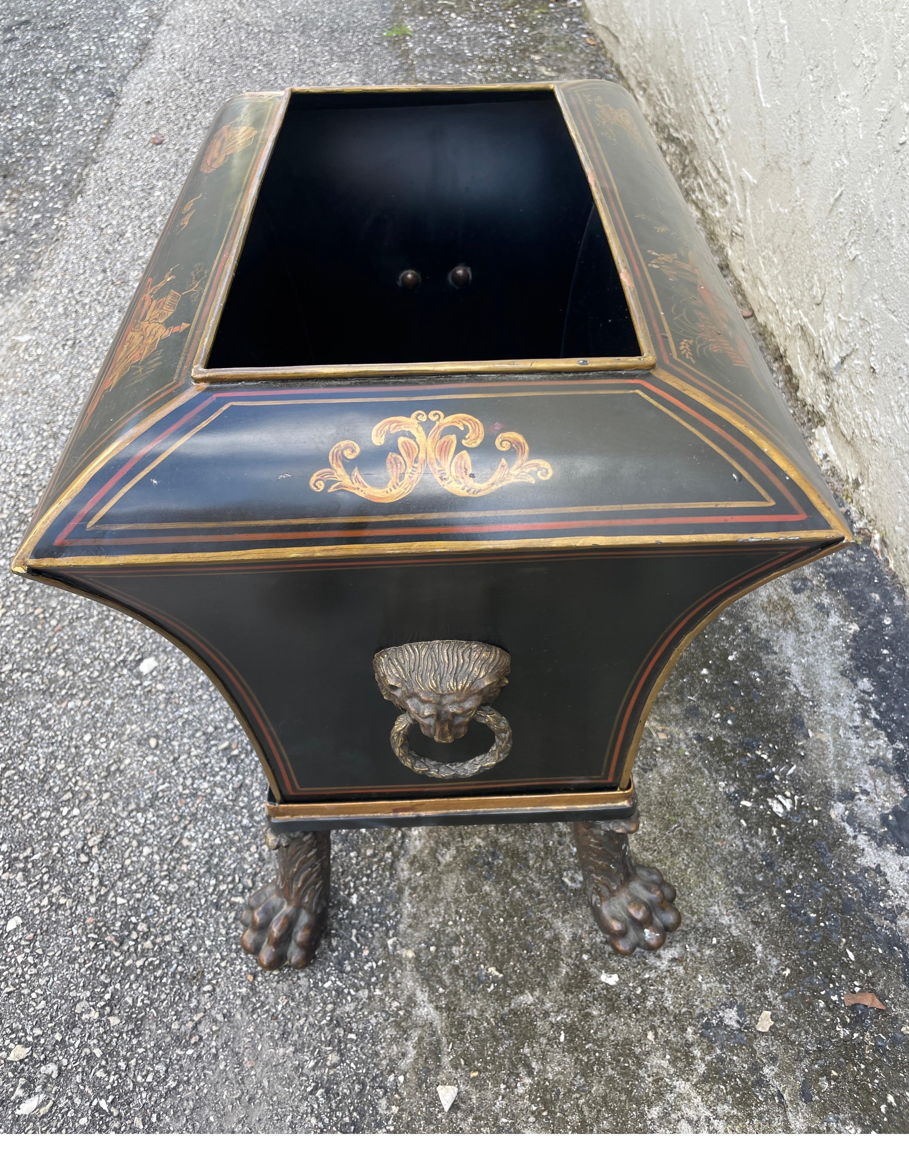 Large Brass Footed Tole Chinoiserie Rectangular Cache Pot For Sale 2
