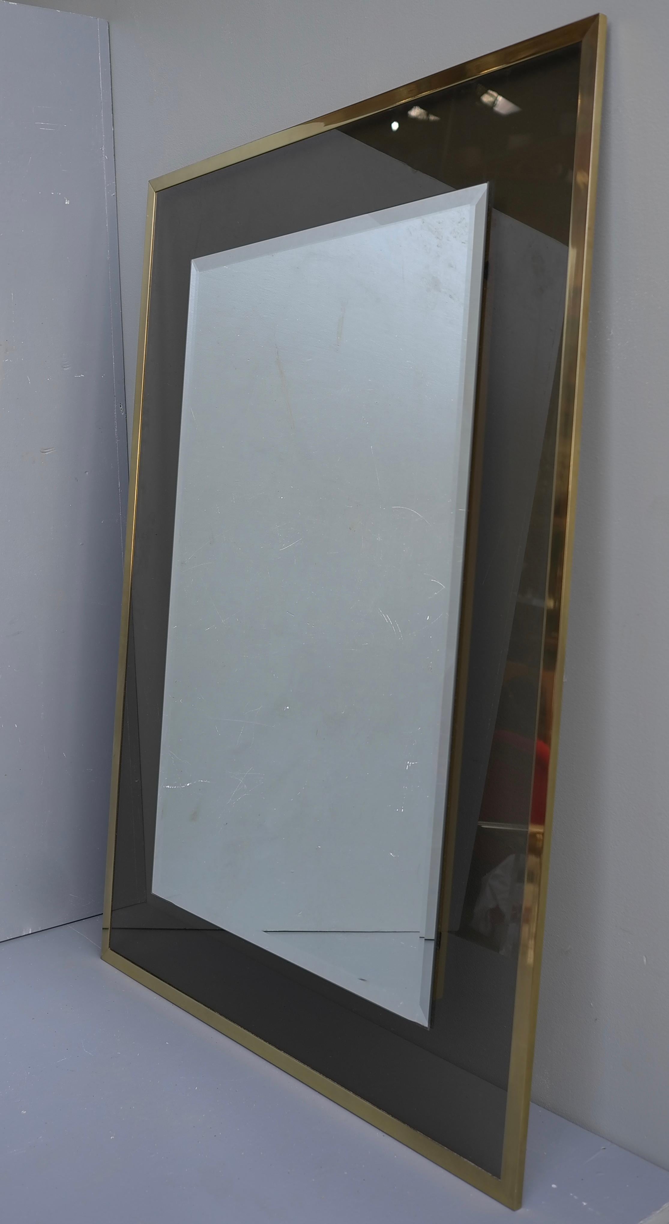 Belgian Large Brass Framed Mirror and Smoked Glass, Belgium 1970's For Sale