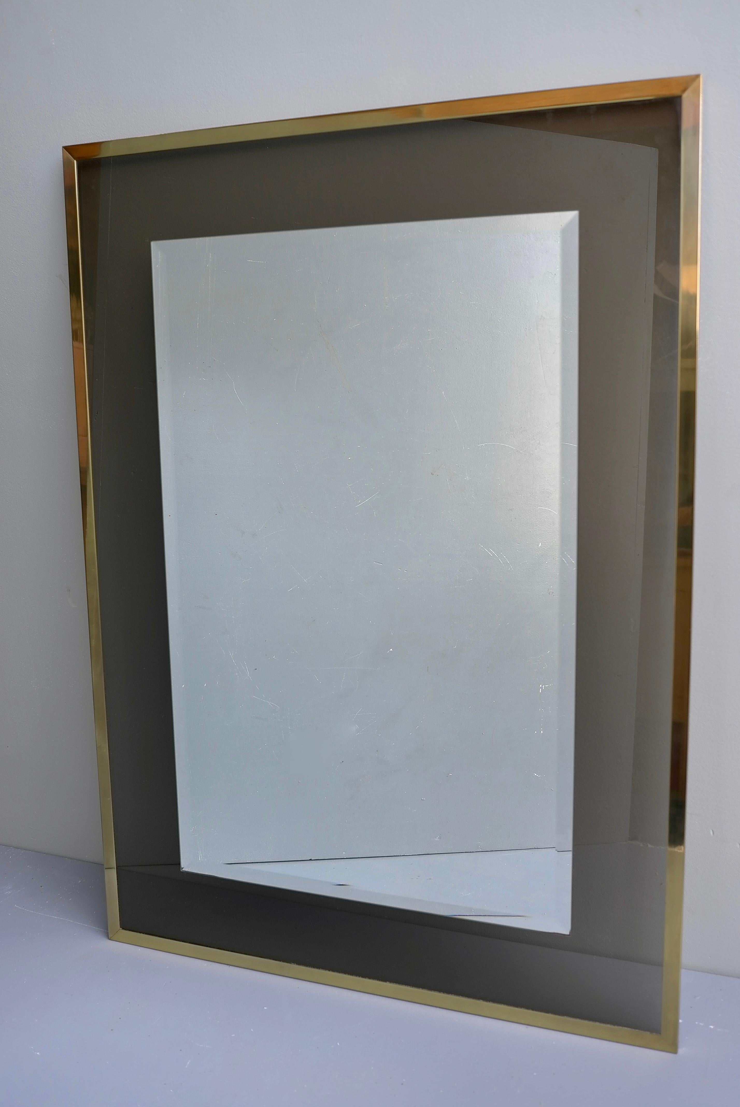 Large Brass Framed Mirror and Smoked Glass, Belgium 1970's In Good Condition For Sale In Den Haag, NL