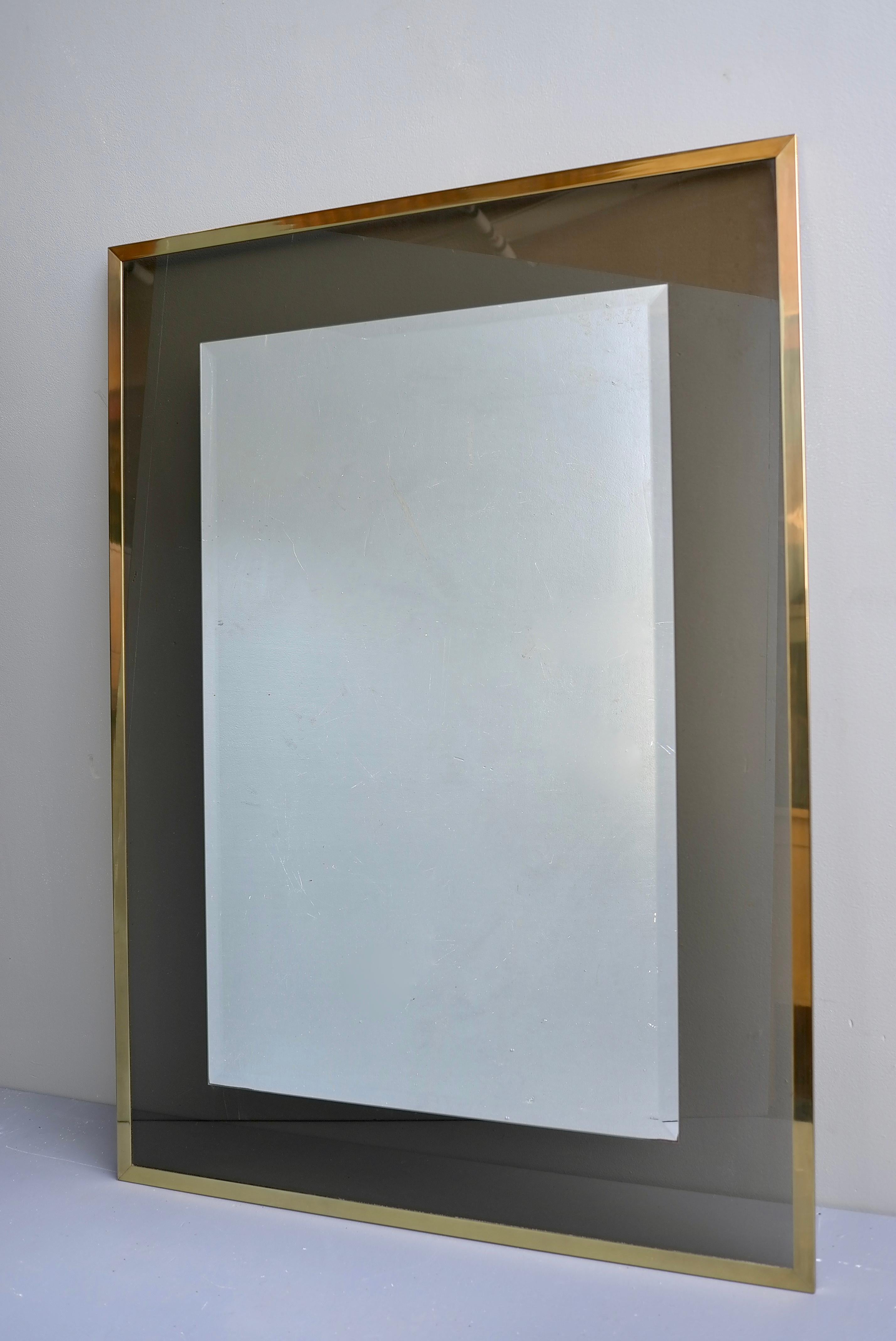 Large Brass Framed Mirror and Smoked Glass, Belgium 1970's For Sale 1