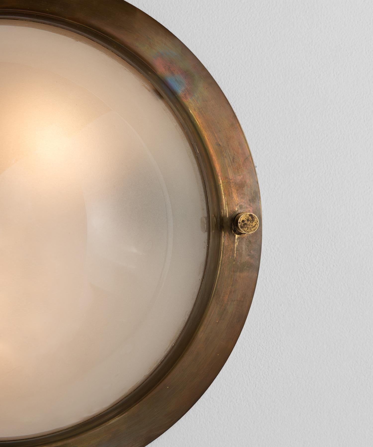 Modern Large Brass and Frosted Glass Flush Mount, Italy, circa 1950