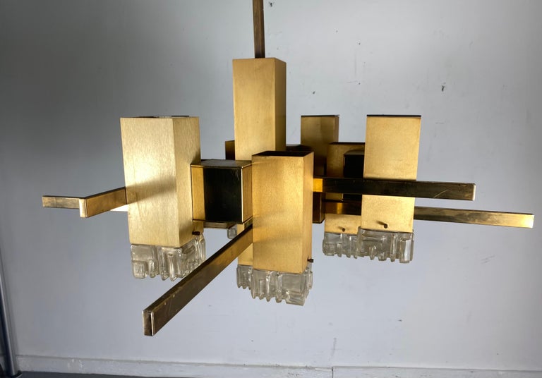 Large Brass Gaetano Sciolari Style 'CUBIC' Chandelier Hanging Pendant For Sale 4
