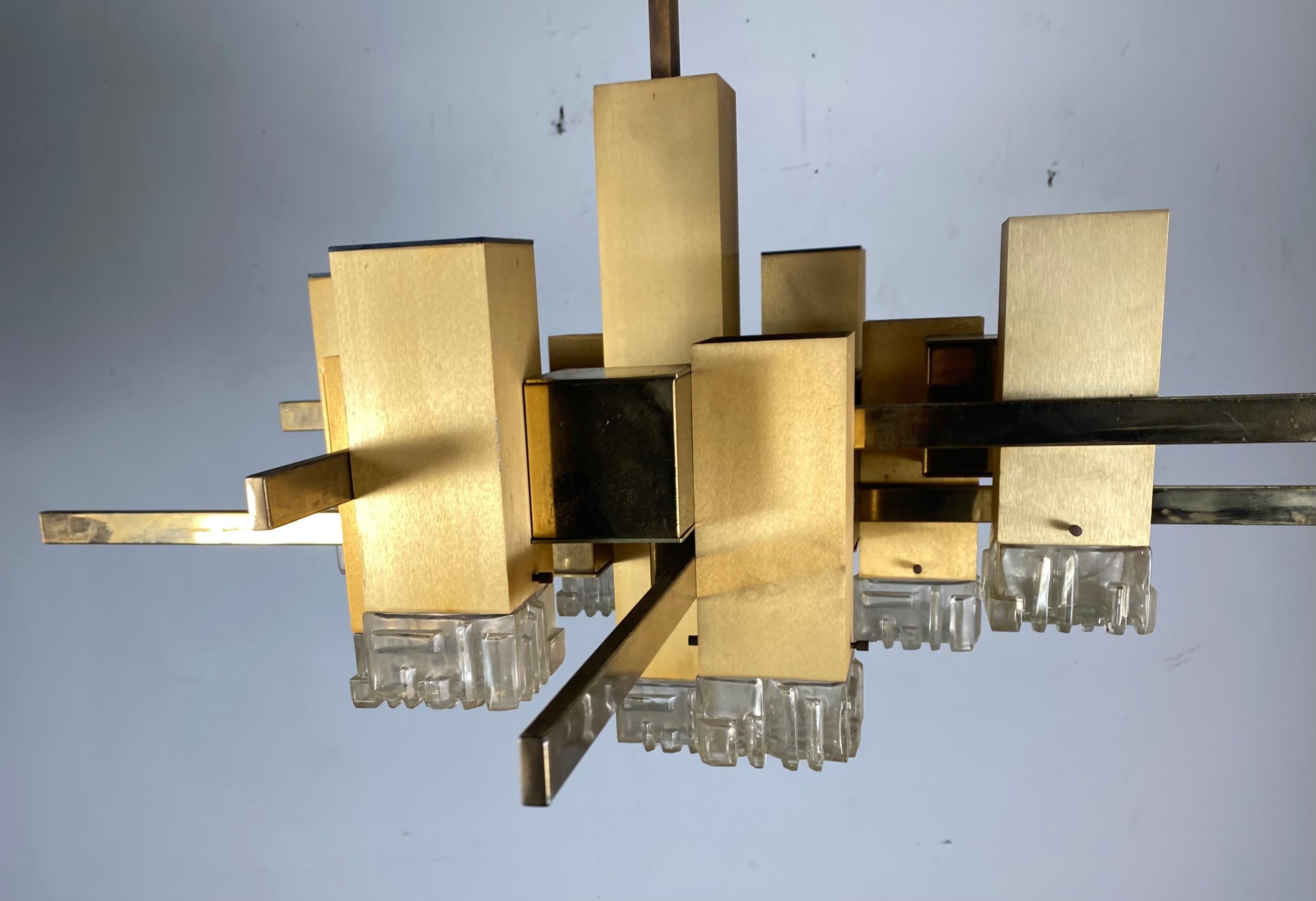 Large Brass Gaetano Sciolari Style 'CUBIC' Chandelier Hanging Pendant 5