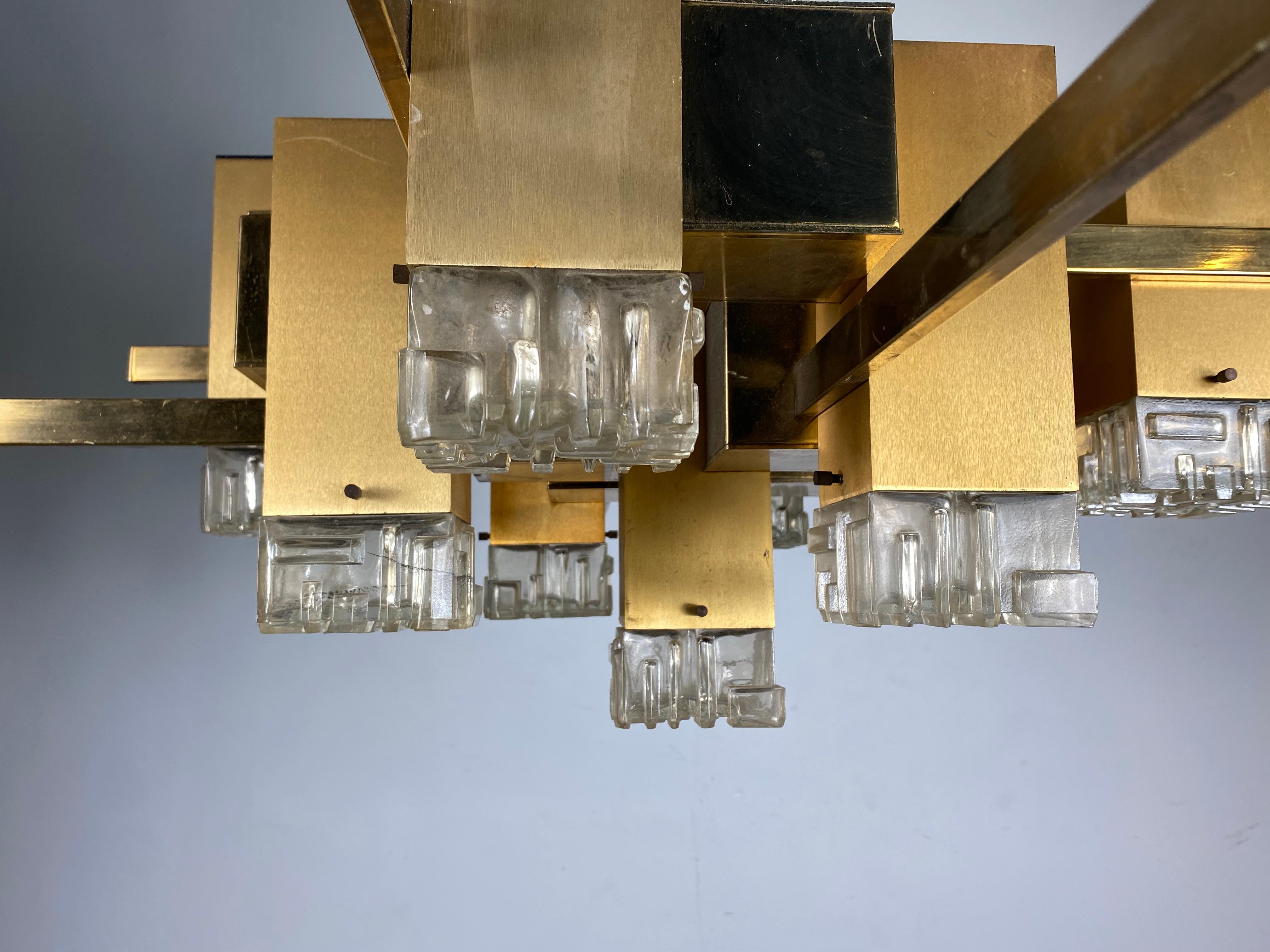 Italian Large Brass Gaetano Sciolari Style 'CUBIC' Chandelier Hanging Pendant