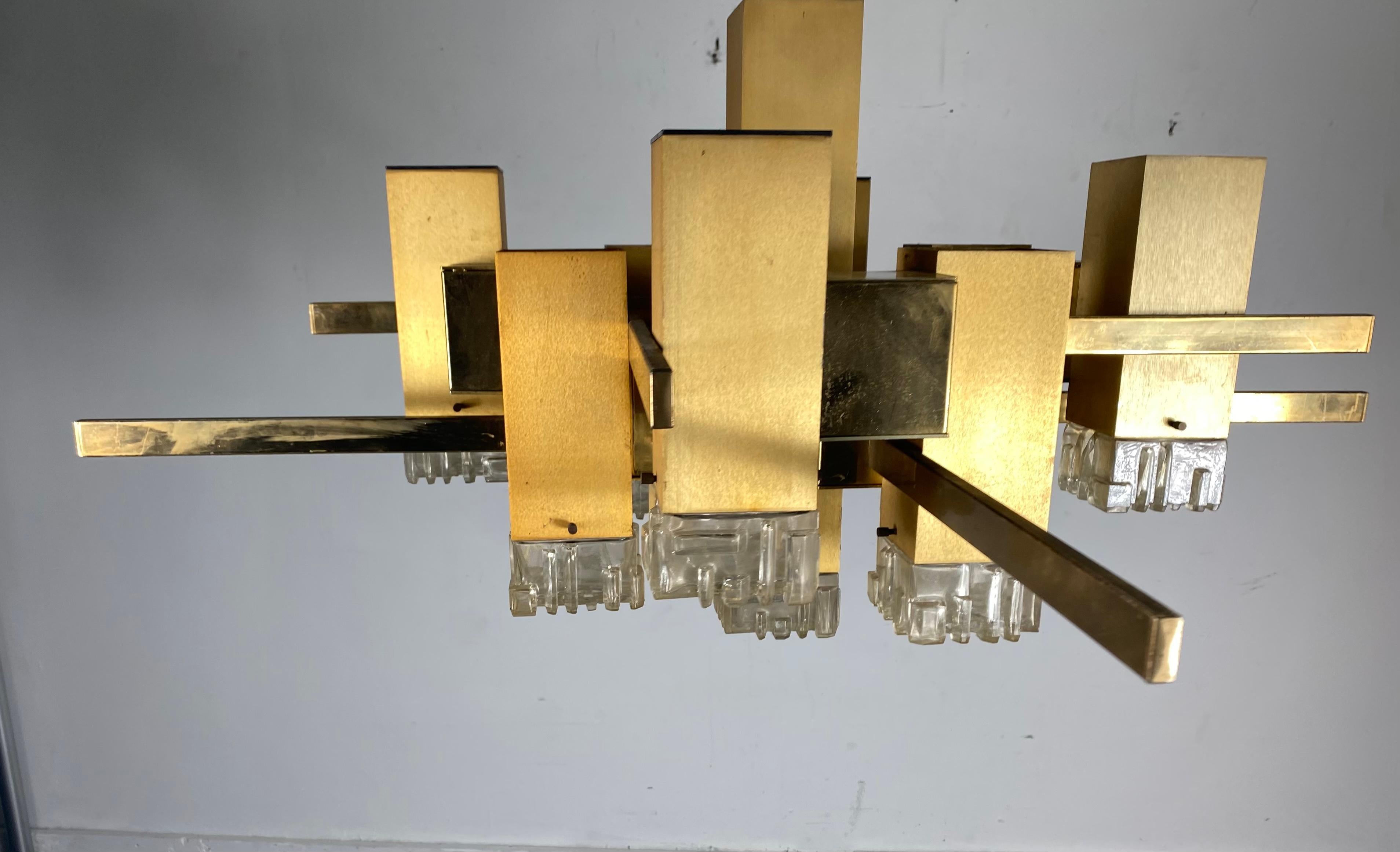 Large Brass Gaetano Sciolari Style 'CUBIC' Chandelier Hanging Pendant 3
