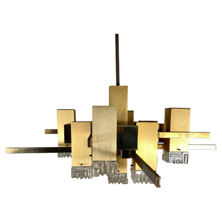 Large Brass Gaetano Sciolari Style 'CUBIC' Chandelier Hanging Pendant For Sale