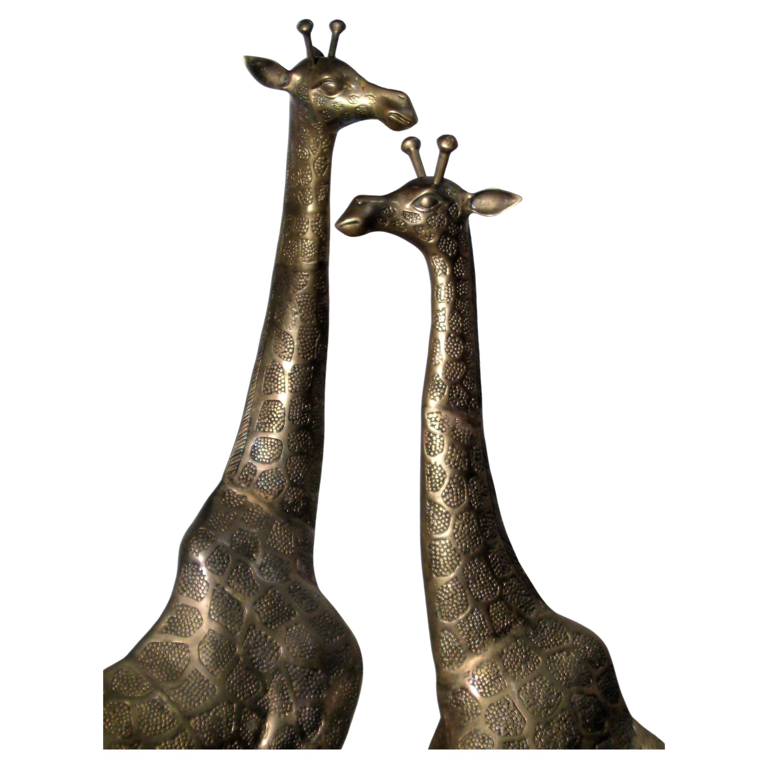 Hollywood Regency style large free standing brass giraffes with well detailed metalwork and beautifully aged patinated surface color. Great all original condition. Circa 1970. Large giraffe measures 55 1/2