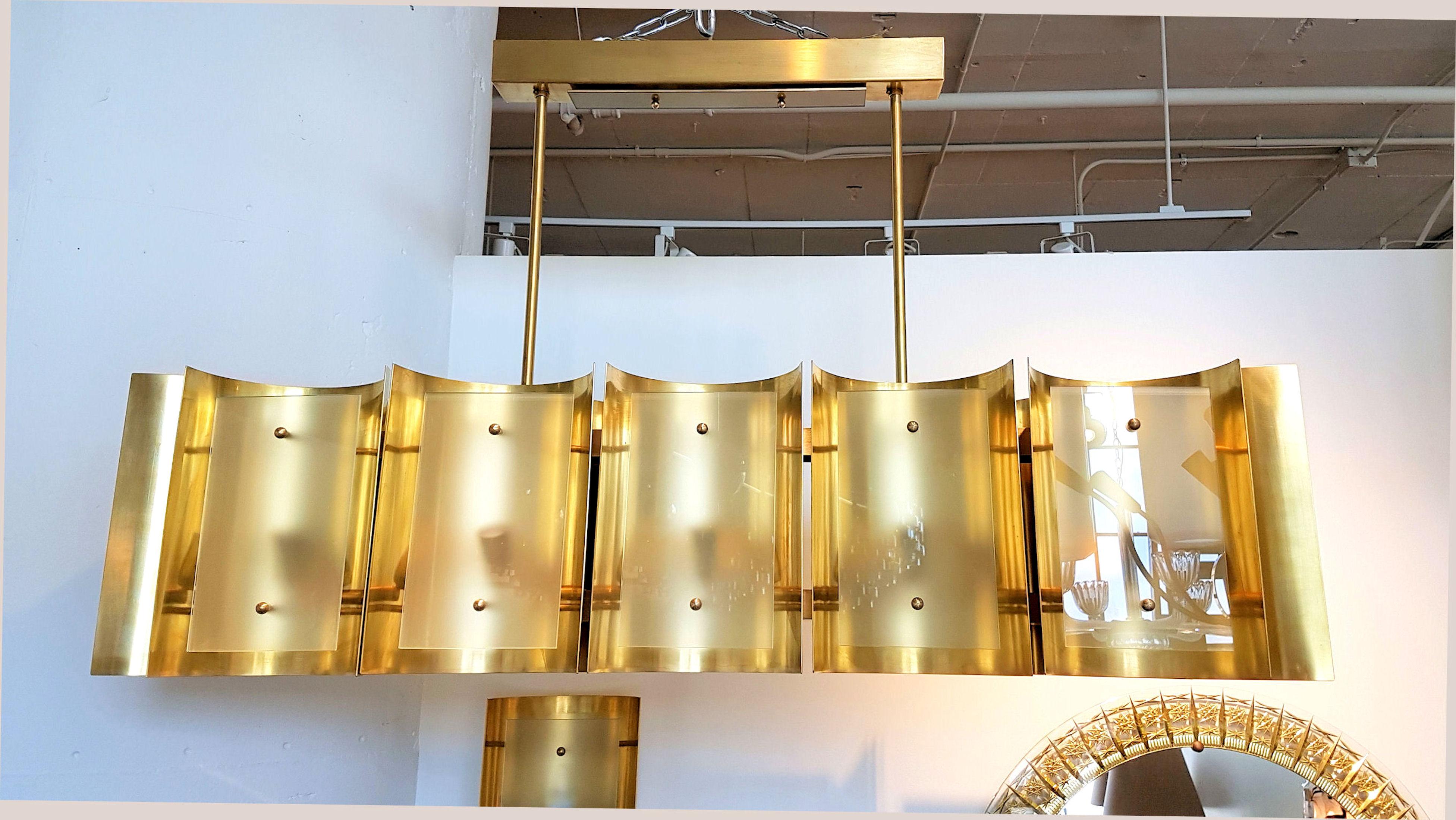 Mid-Century Modern Large Brass & Glass Rectangular Chandeliers 12 Lights, Bespoke by D'Lightus