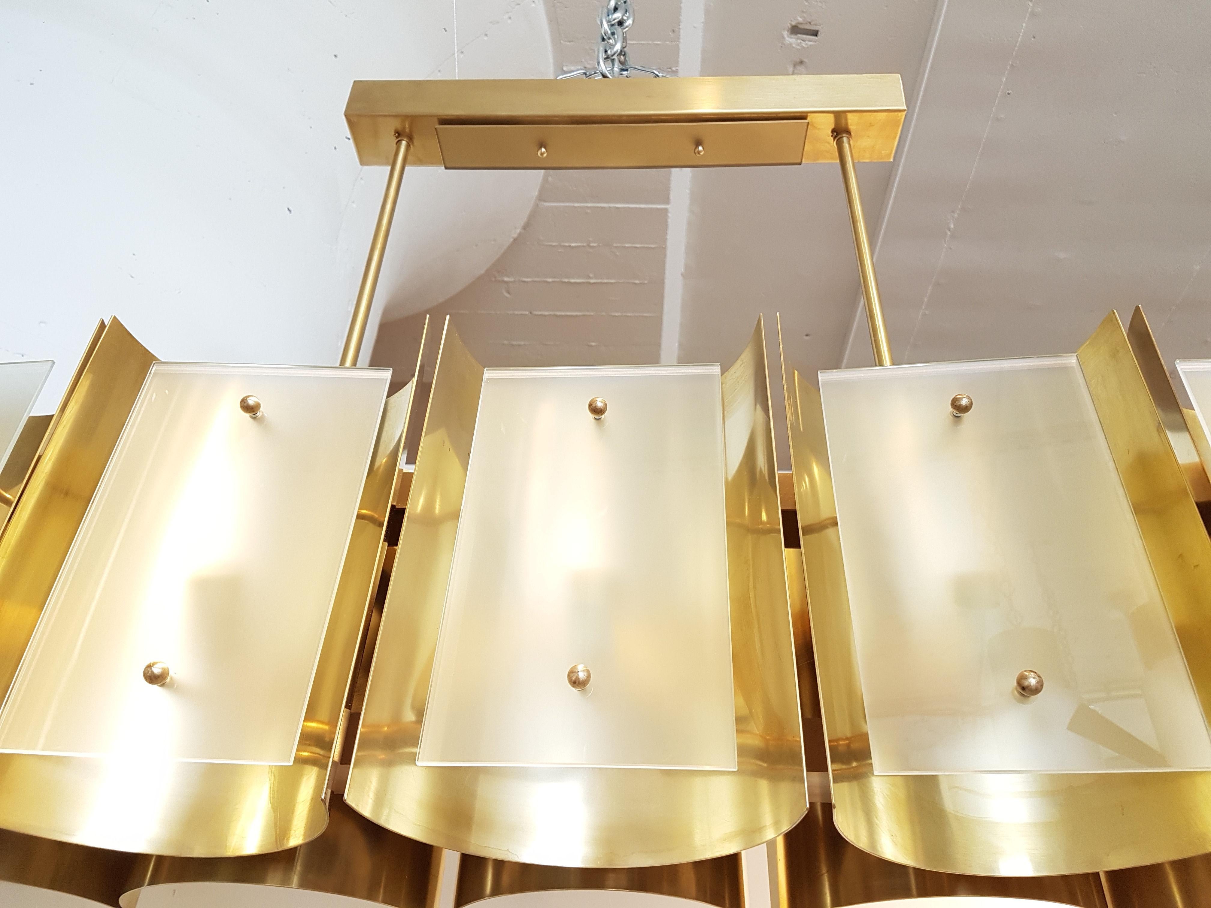 Frosted Large Brass & Glass Rectangular Chandeliers 12 Lights, Bespoke by D'Lightus