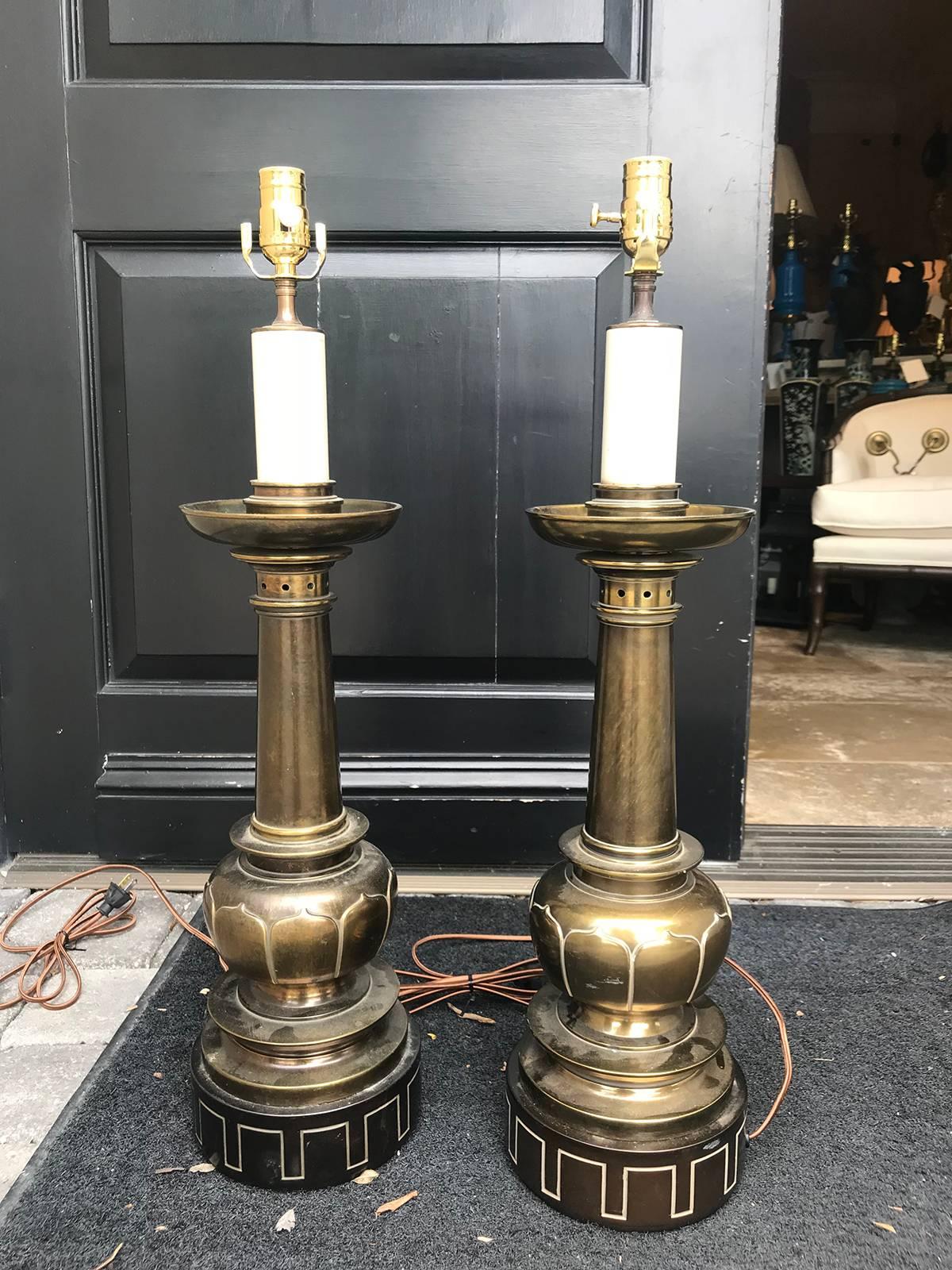 Large Brass Greek Key Lamps by Stiffel, Possibly Tommy Parzinger In Good Condition In Atlanta, GA