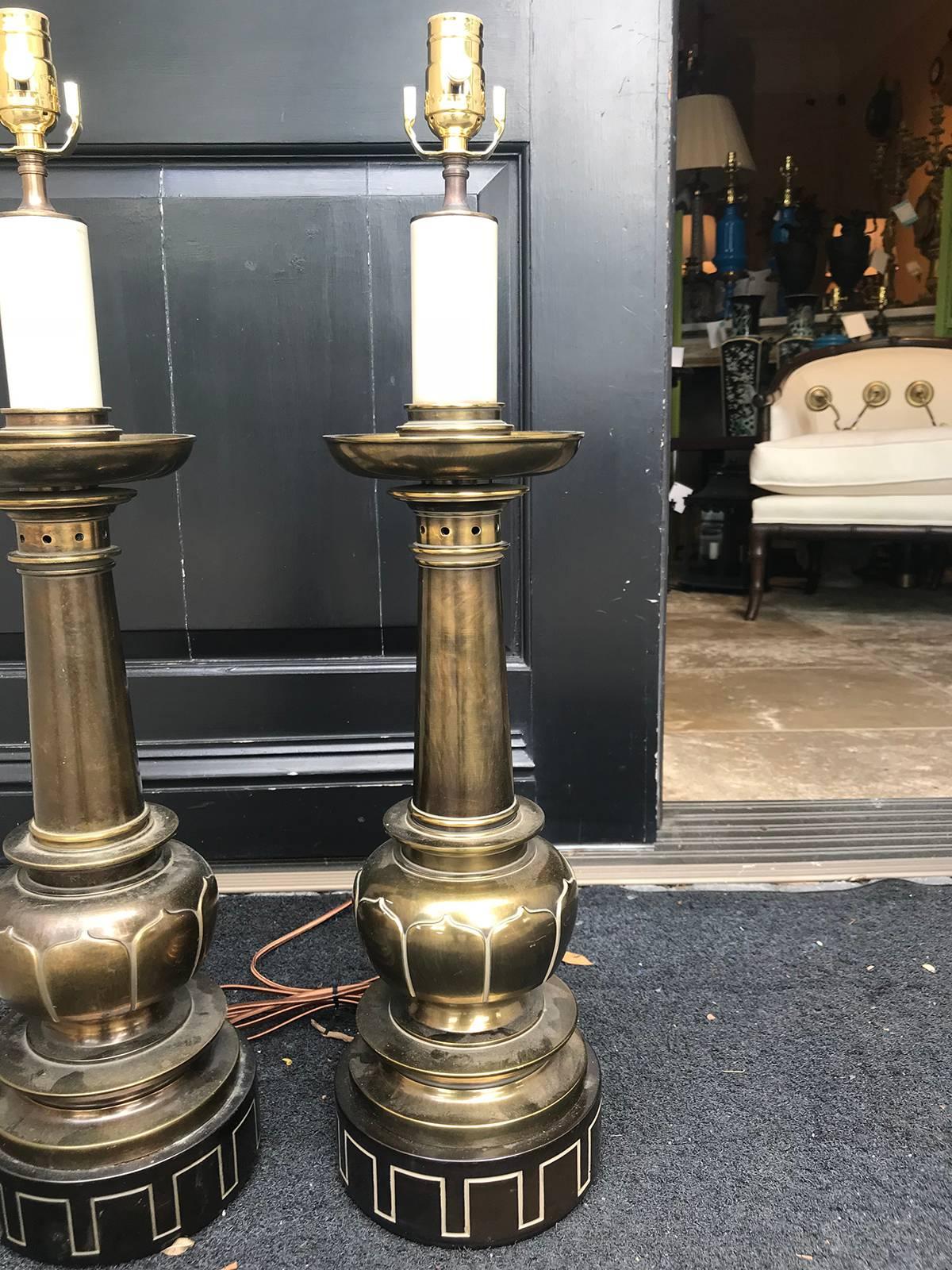 Large Brass Greek Key Lamps by Stiffel, Possibly Tommy Parzinger 3