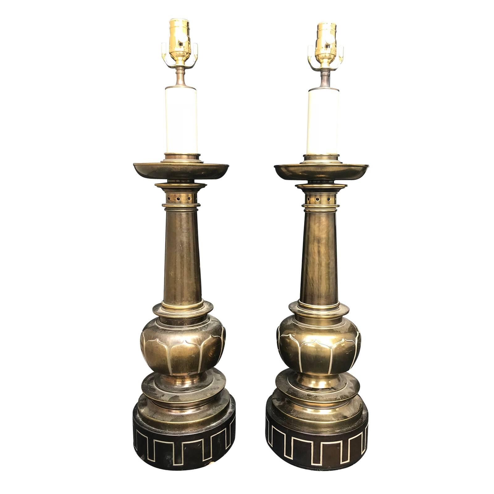 Large Brass Greek Key Lamps by Stiffel, Possibly Tommy Parzinger