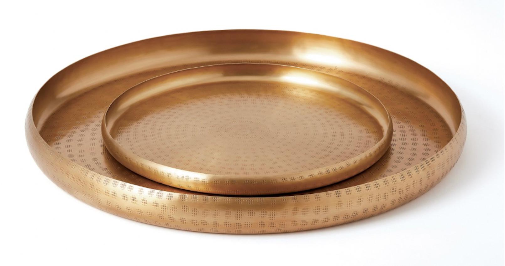 Hand-embossed brass offering trays 
Traditionally used for serving or as offering trays in religious ceremonies
Sourced by Martyn Lawrence Bullard
