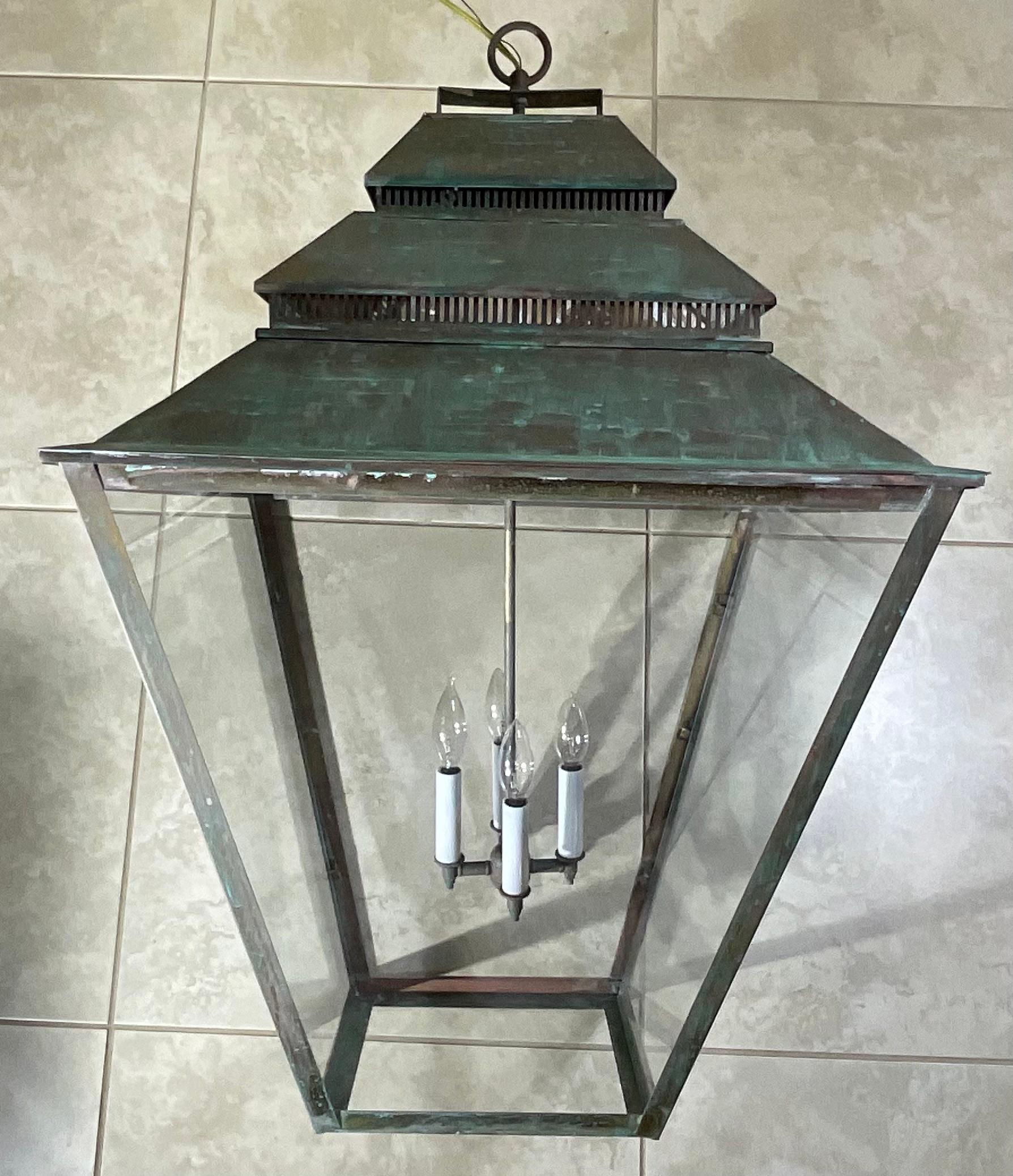 Large Brass Hanging Lantern - Grand Scale  22”x 22”x 34” For Sale 5