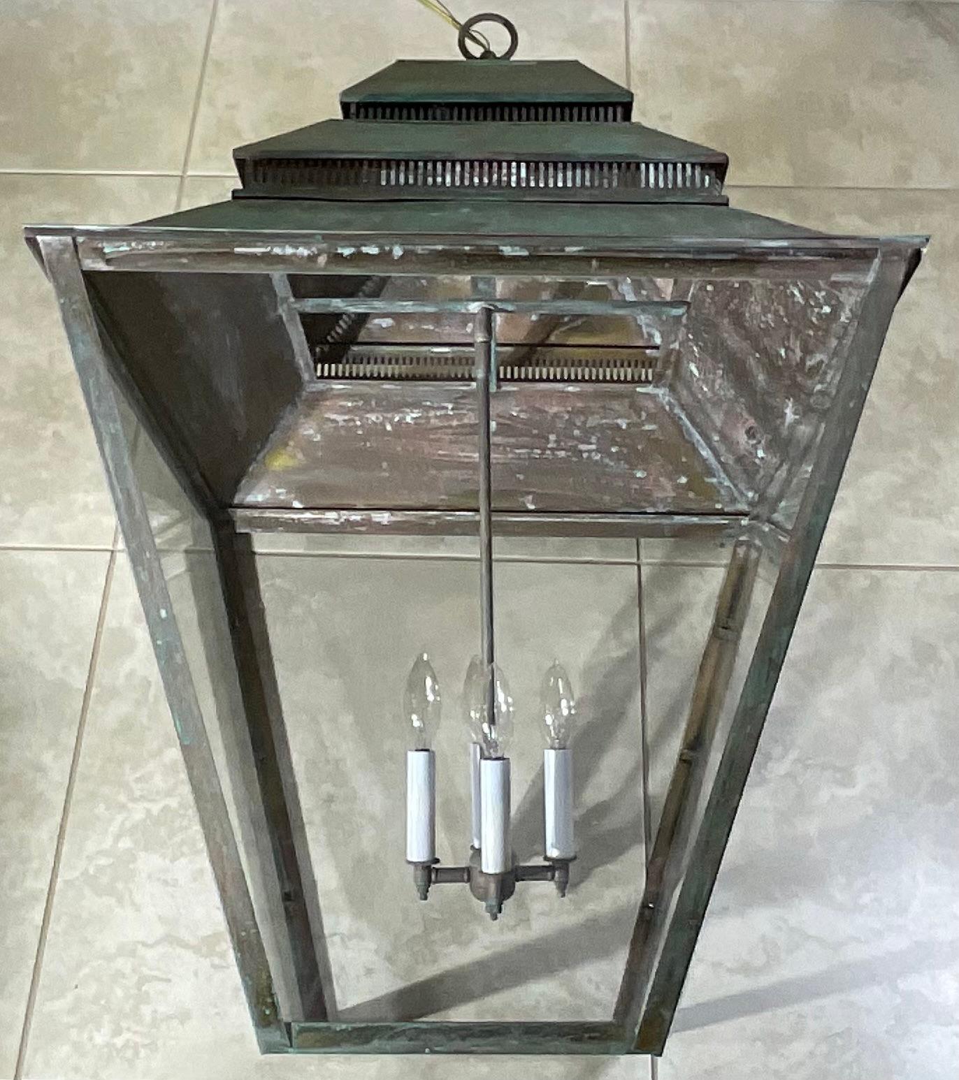 Large Brass Hanging Lantern - Grand Scale  22”x 22”x 34” For Sale 6