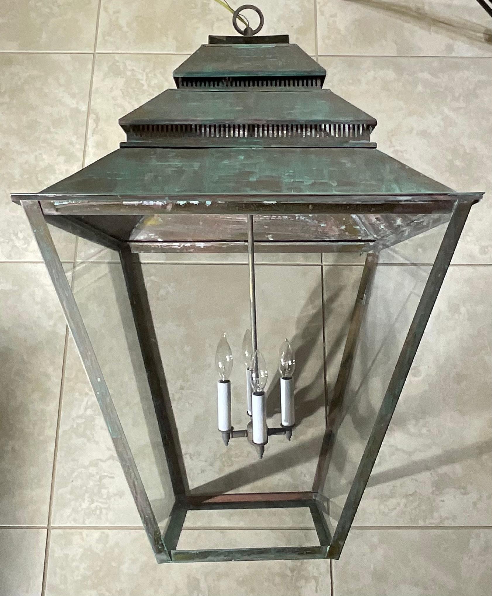 Large Brass Hanging Lantern - Grand Scale  22”x 22”x 34” For Sale 8