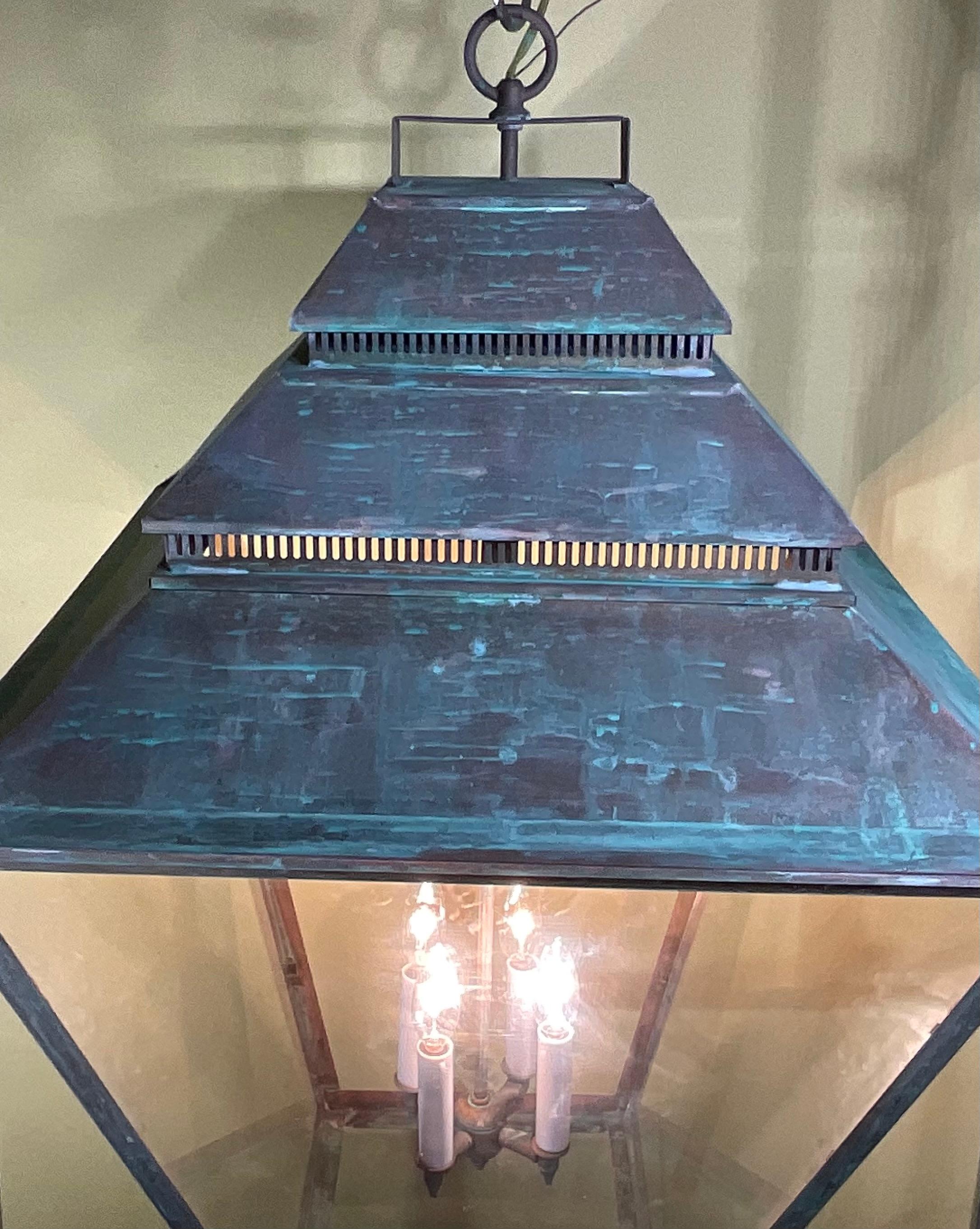 American Large Brass Hanging Lantern - Grand Scale  22”x 22”x 34” For Sale